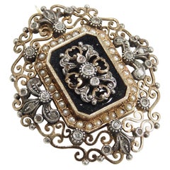 18 Karat Edwardian Pin Diamond Seed Pearl White Yellow Gold Black Onyx