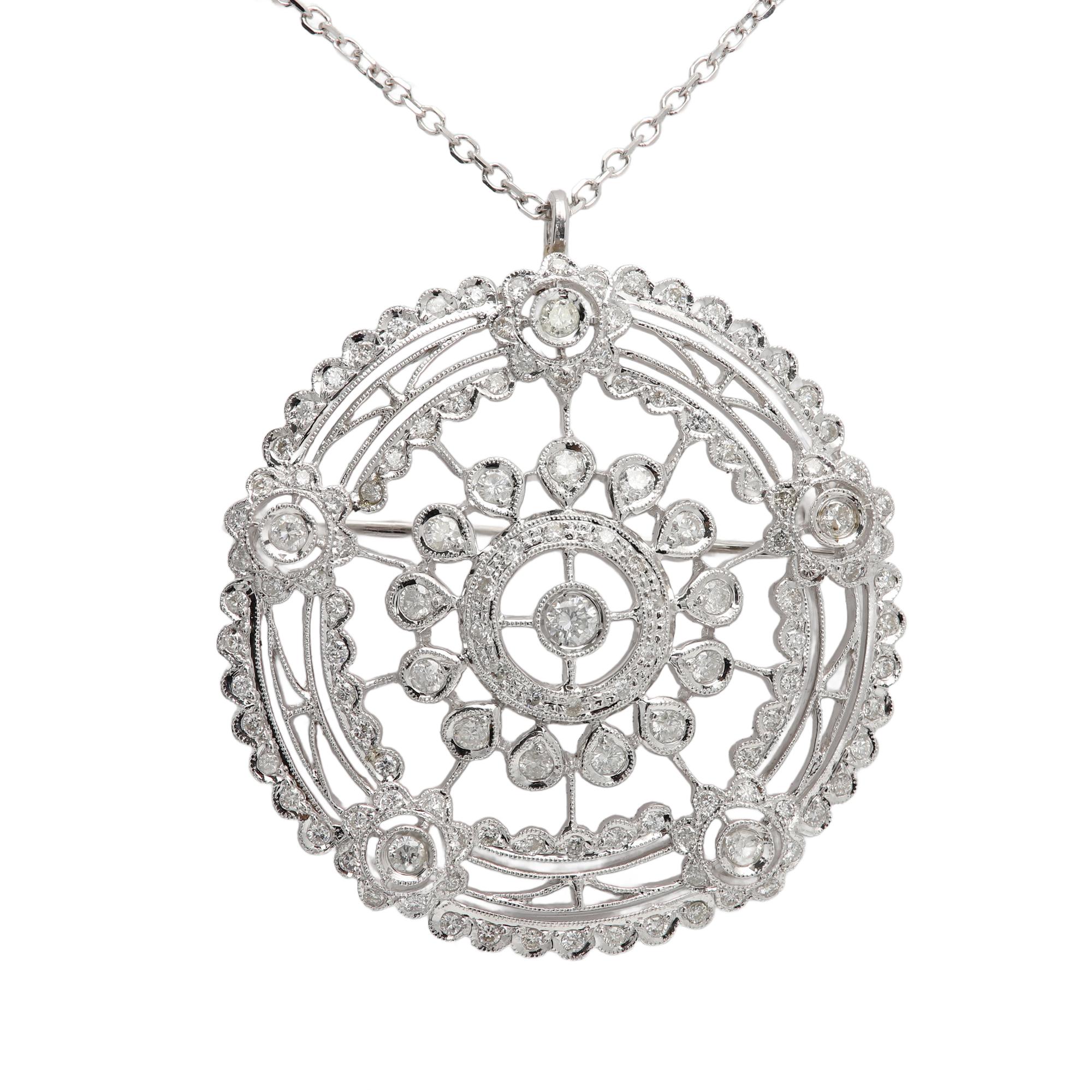 Pendant/Brooch pin
Vintage Edwardian Style
Impressive Large Circle 
Can be used either way
18k White Gold  approx 16 grams
Natural Diamonds approx 3.0 carat 
Diameter size approx 1.5' inch
Appraisal and gift box included
Bail can swivel if/when it