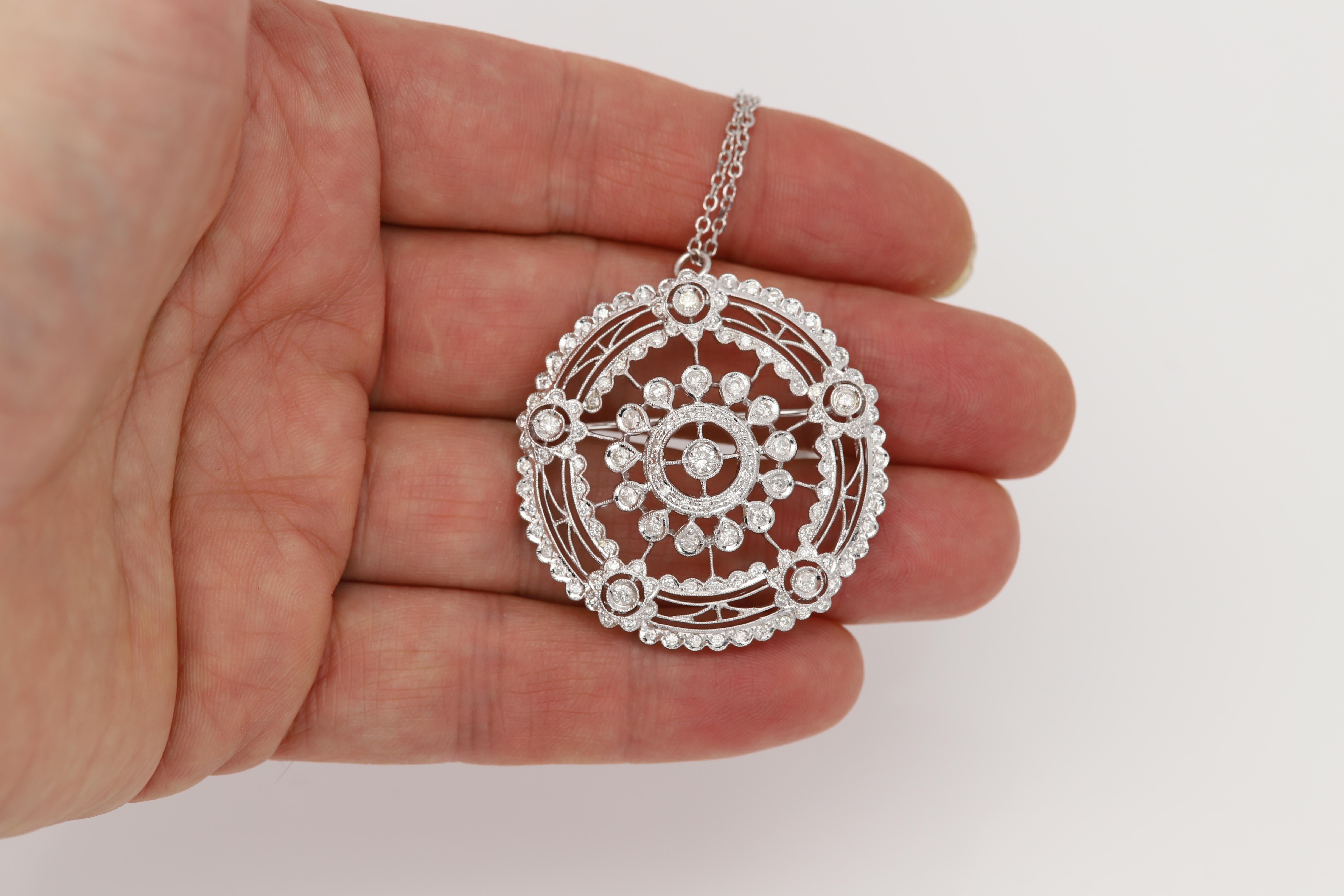 Round Cut 18 Karat Edwardian Reproduction Pendant Pin Brooch Large Circle with Diamonds For Sale