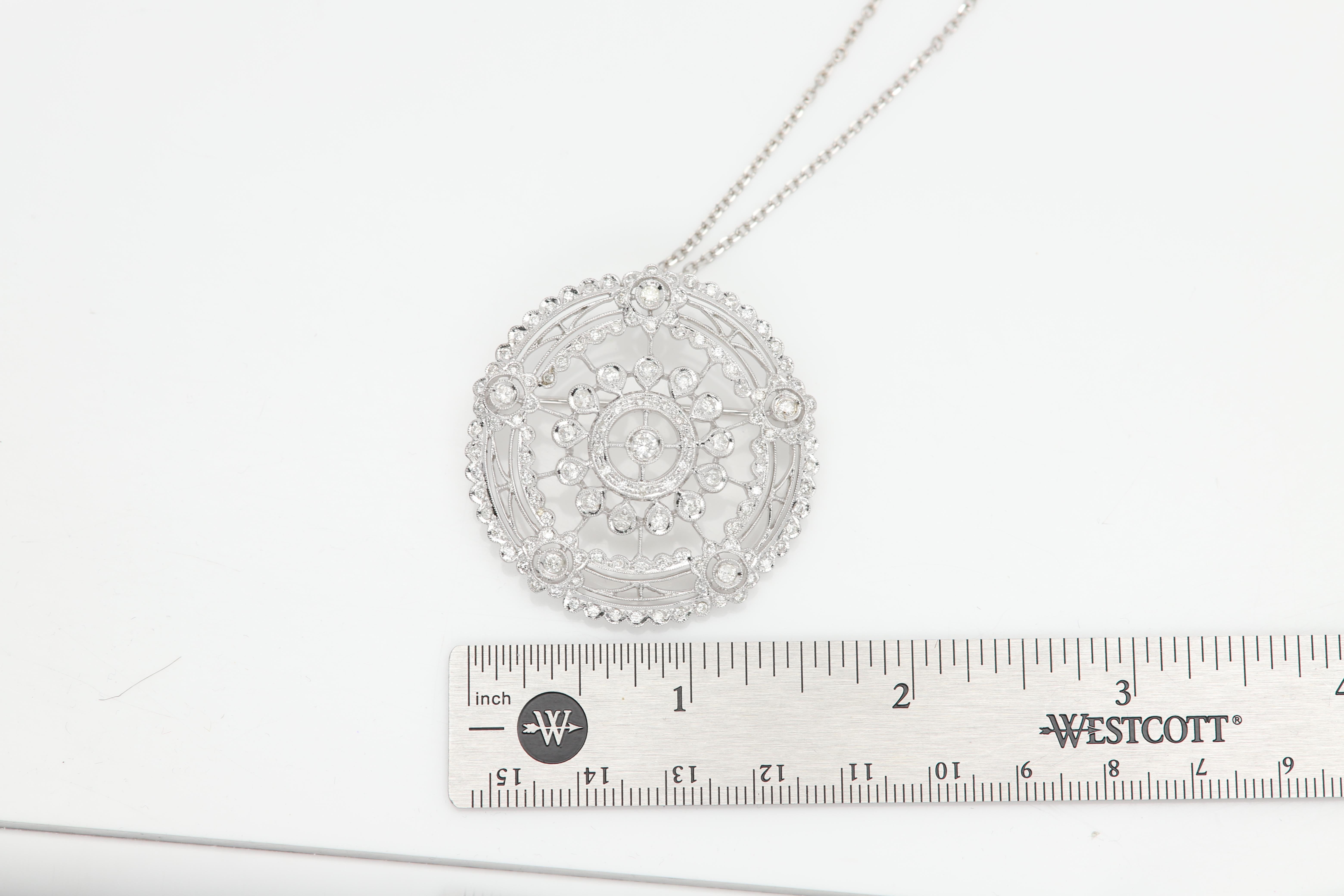 18 Karat Edwardian Reproduction Pendant Pin Brooch Large Circle with Diamonds In Excellent Condition For Sale In Brooklyn, NY