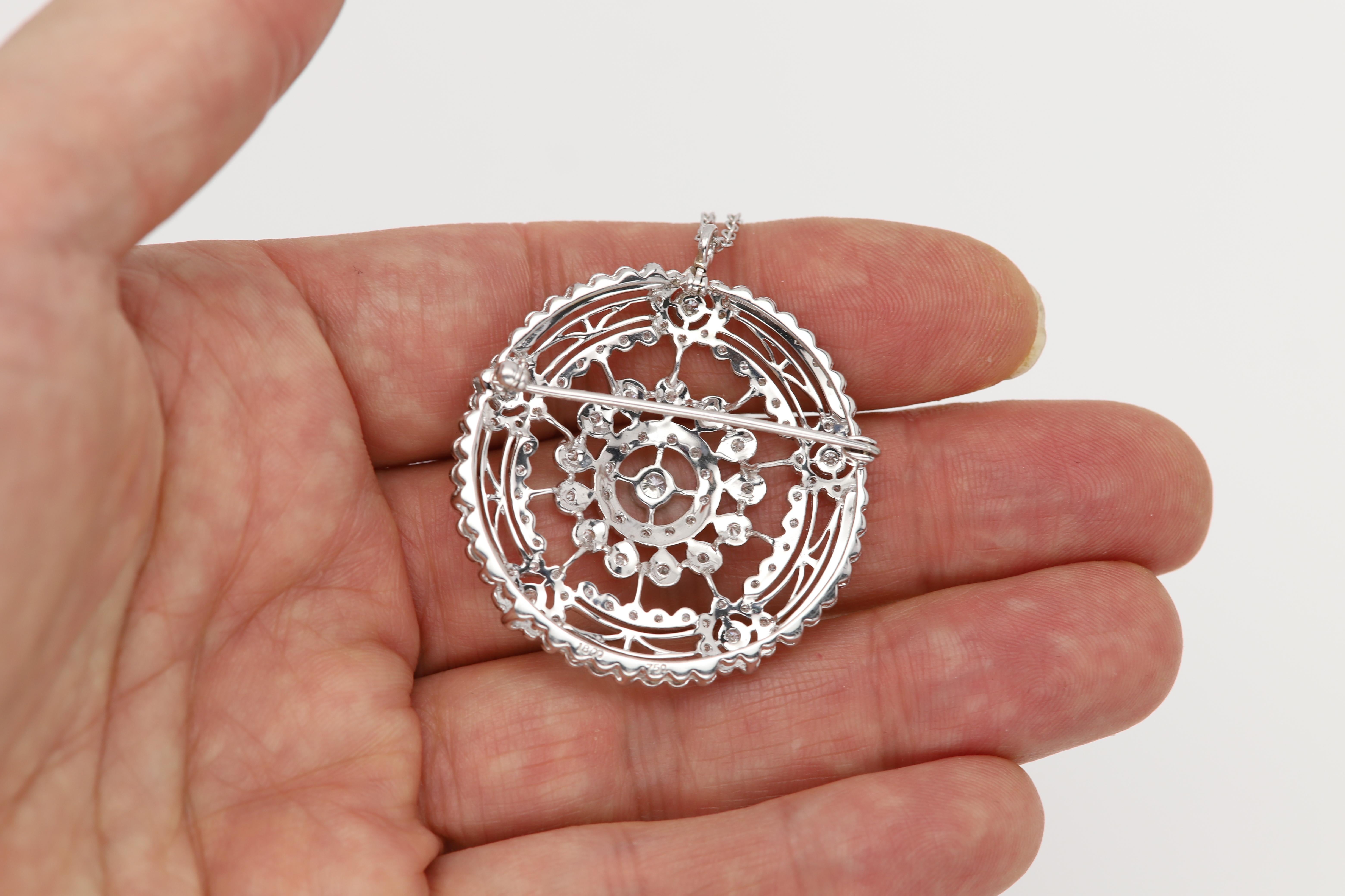Women's 18 Karat Edwardian Reproduction Pendant Pin Brooch Large Circle with Diamonds For Sale