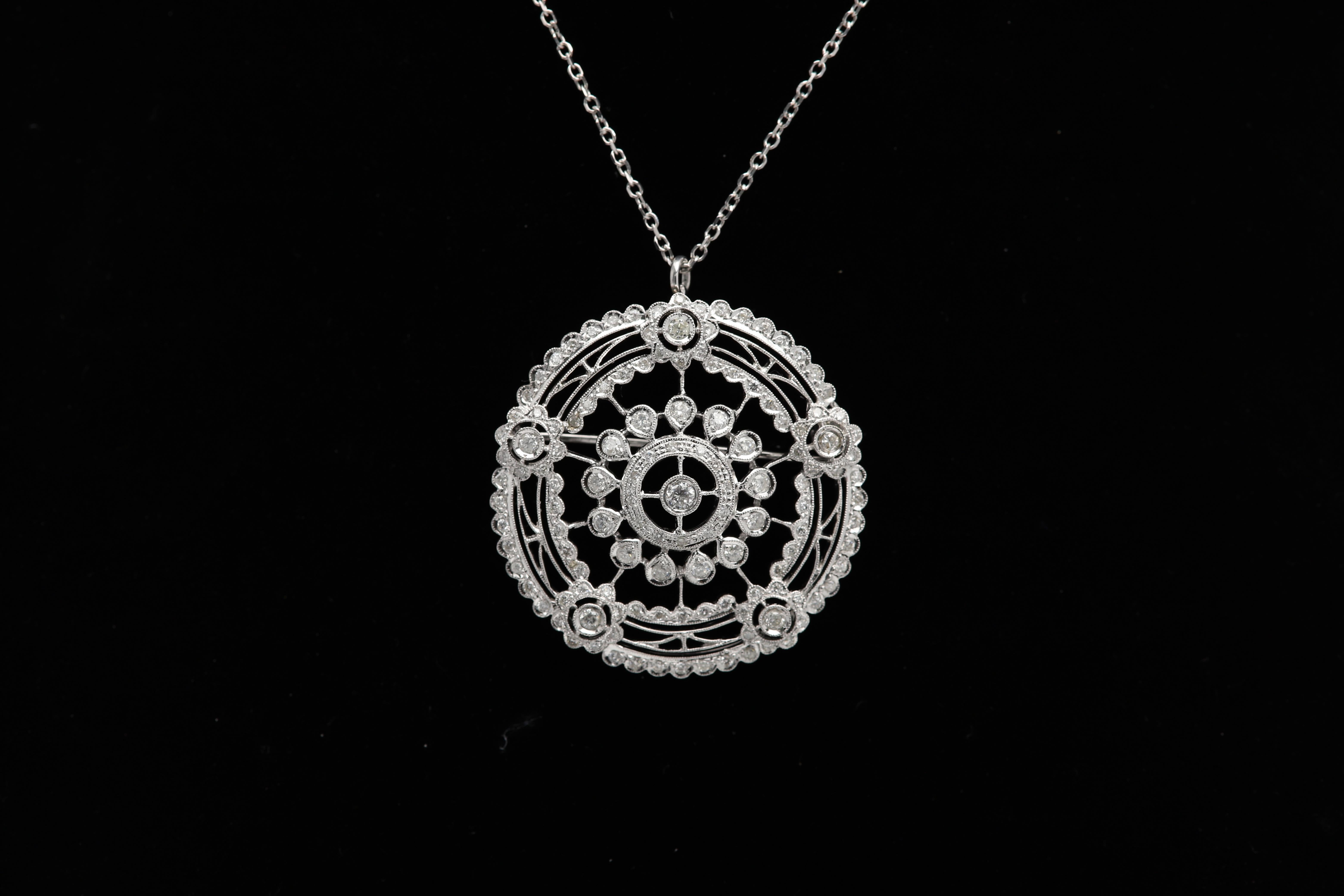 18 Karat Edwardian Reproduction Pendant Pin Brooch Large Circle with Diamonds For Sale 2
