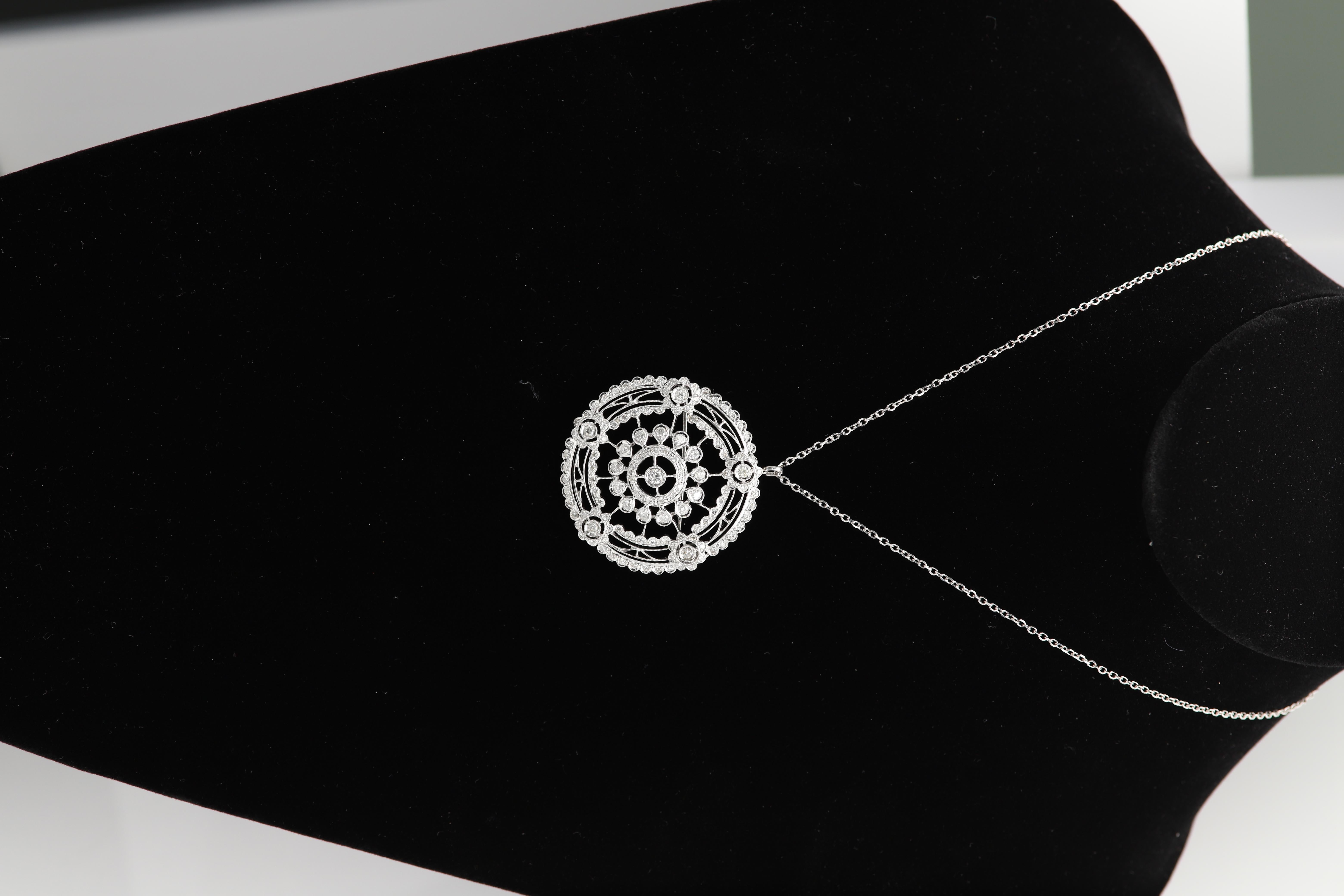 18 Karat Edwardian Reproduction Pendant Pin Brooch Large Circle with Diamonds For Sale 3
