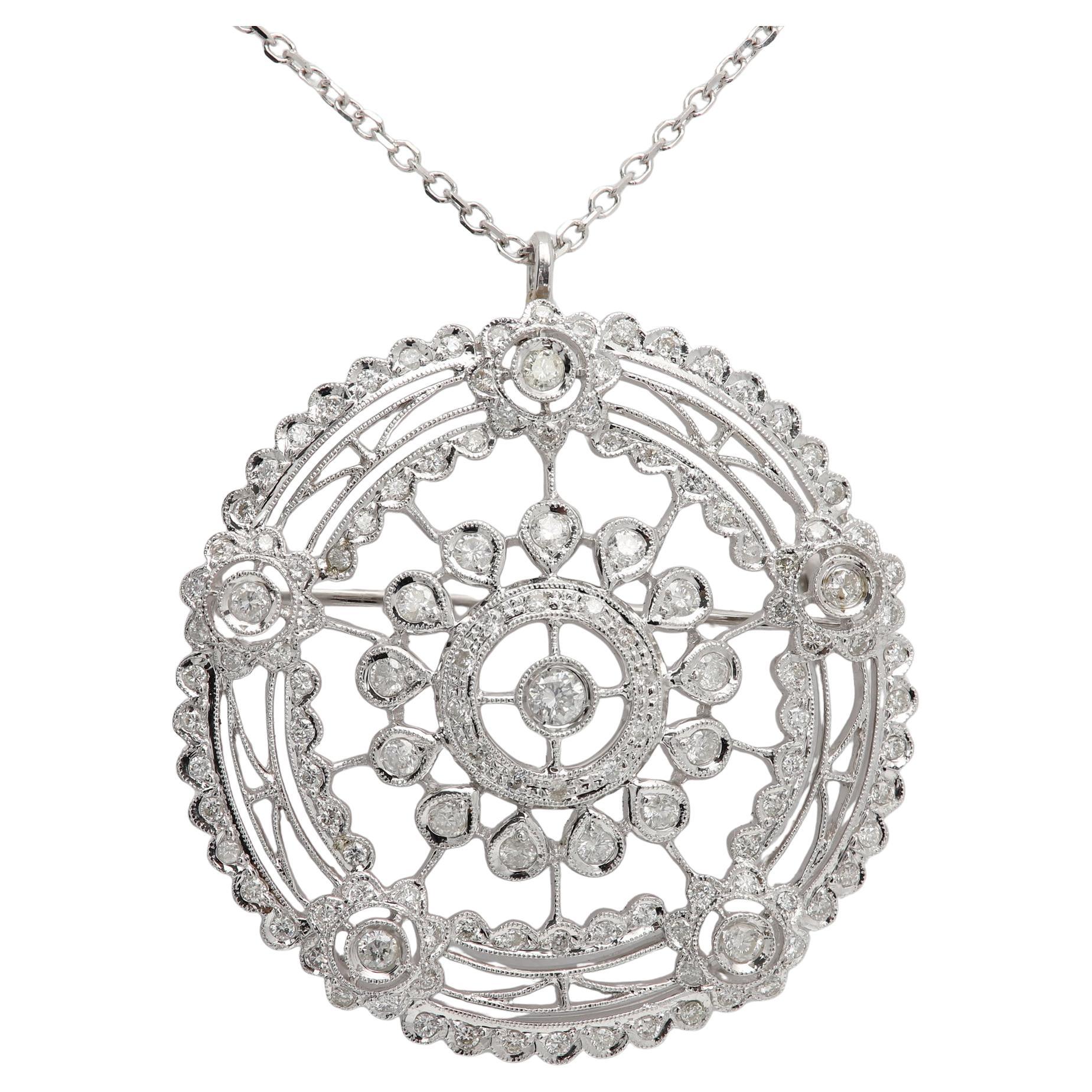 18 Karat Edwardian Reproduction Pendant Pin Brooch Large Circle with Diamonds For Sale