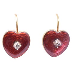 Antique 18 Karat Eglomise Enamel Rose Colored Heart Earrings with Diamond Center