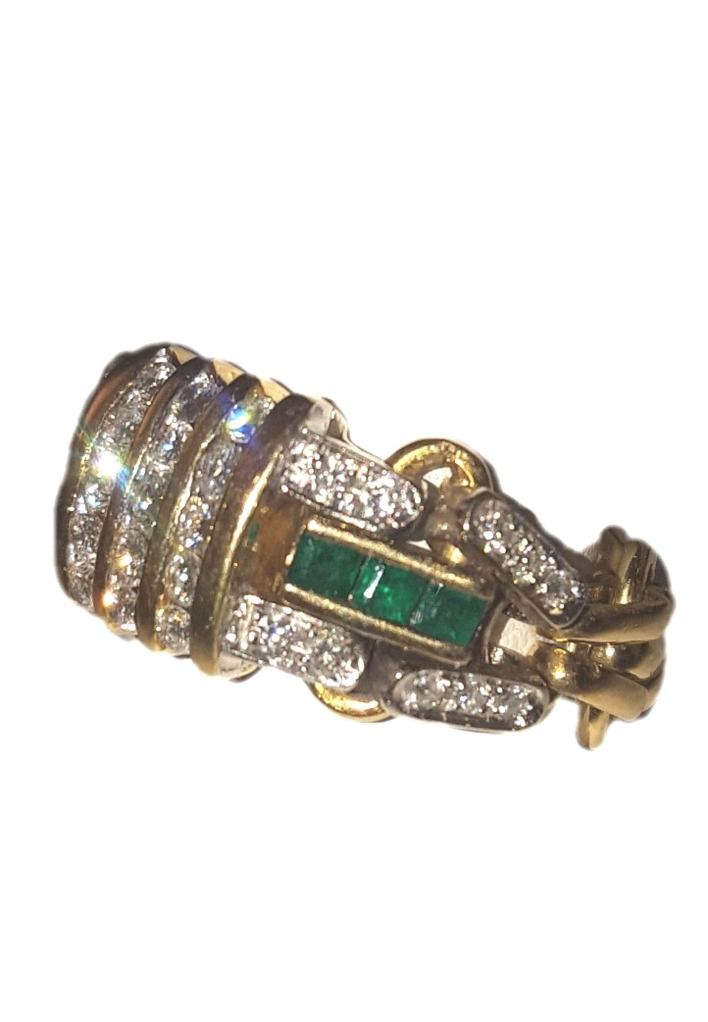 18 Karat Emerald and Diamond Chain Ring, 1950s, Mid-Century Modern In Excellent Condition In Palm Beach, FL