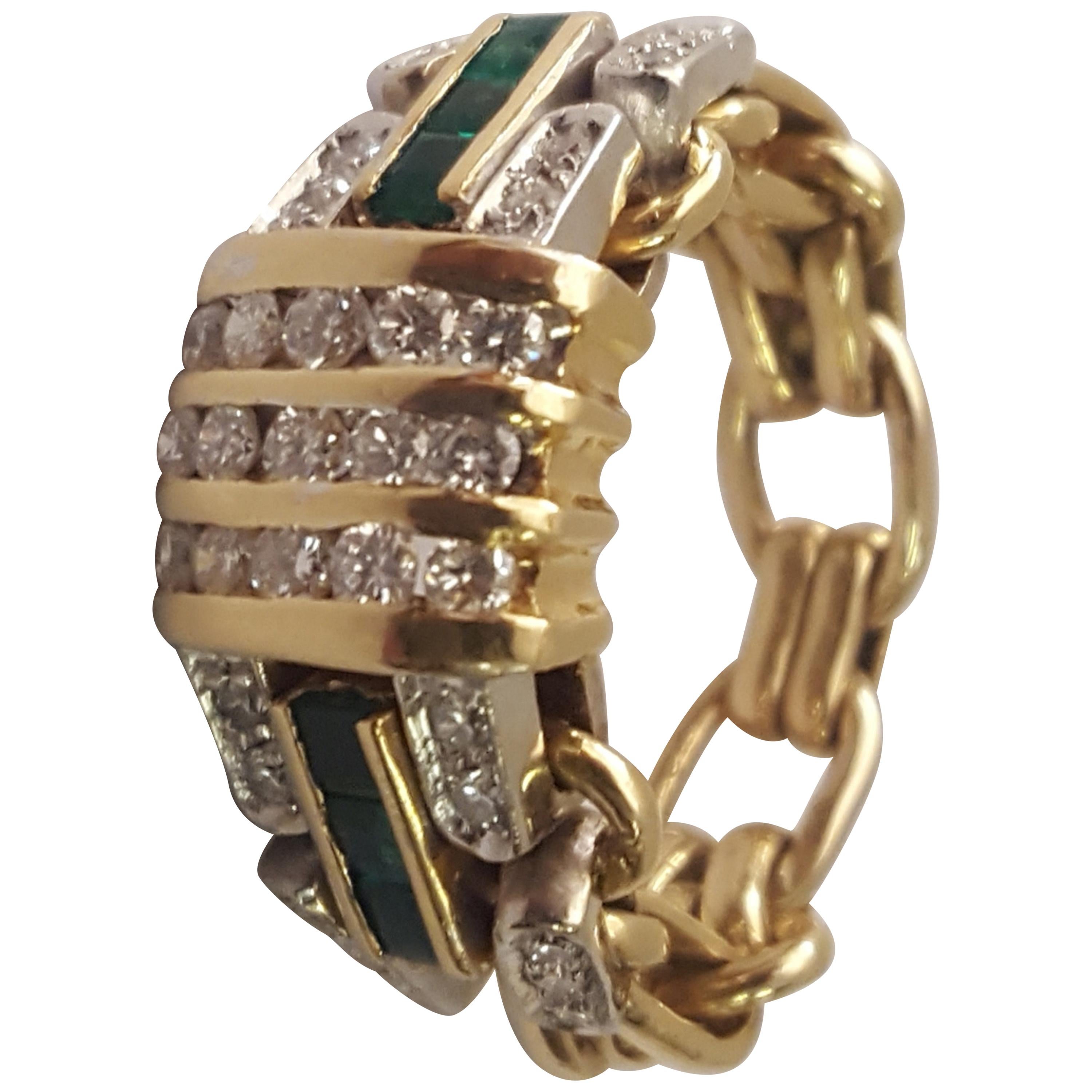 18 Karat Emerald and Diamond Chain Ring, 1950s, Mid-Century Modern