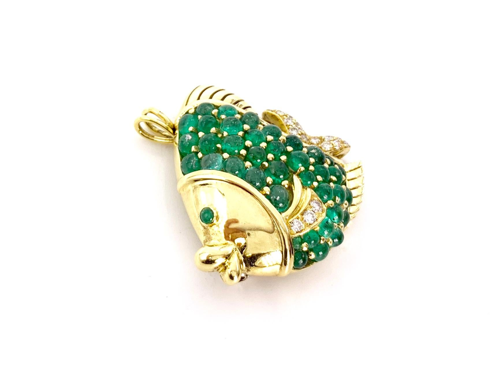 Women's or Men's 18 Karat Emerald and Diamond Fish Pendant or Brooch For Sale
