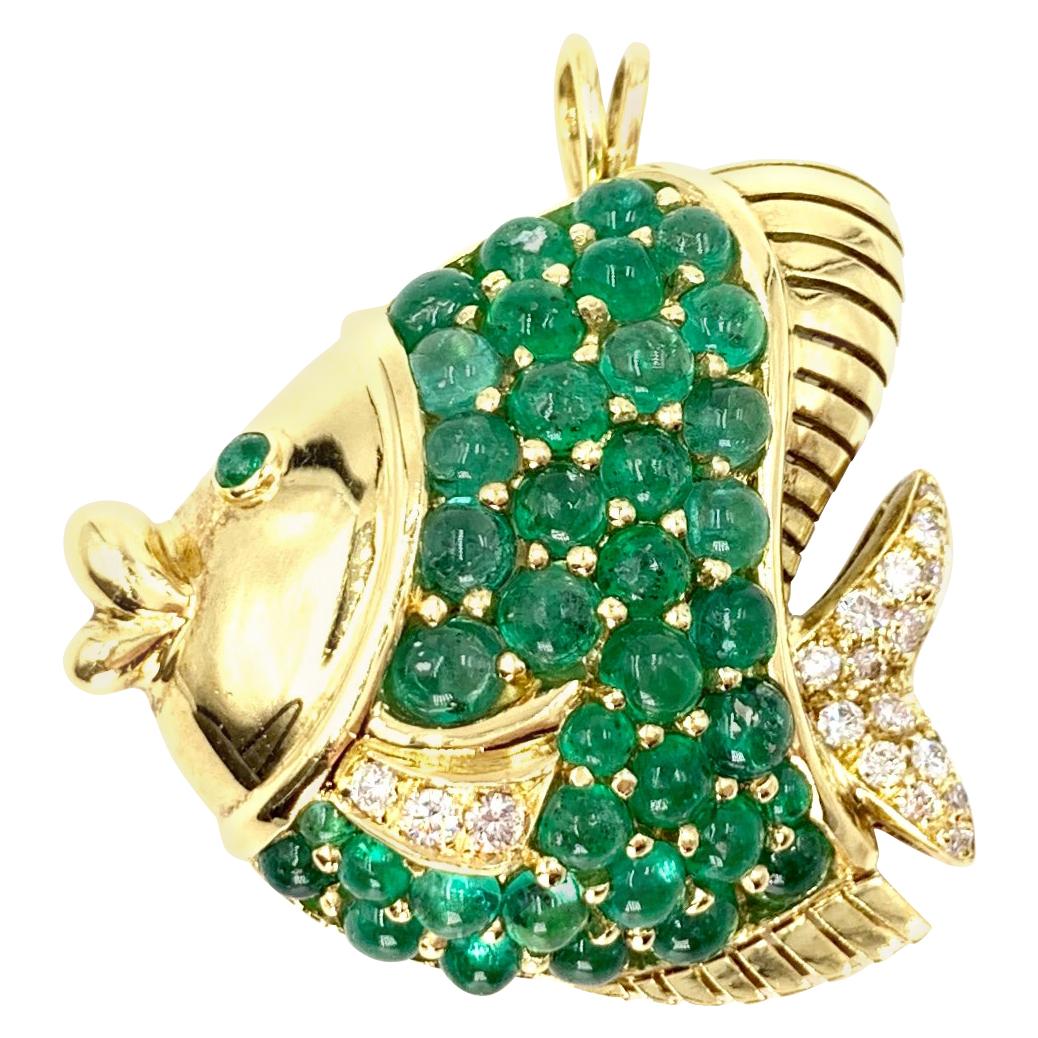 18 Karat Emerald and Diamond Fish Pendant or Brooch For Sale