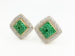 18 Karat Emerald and Diamond Large Square Button Earrings