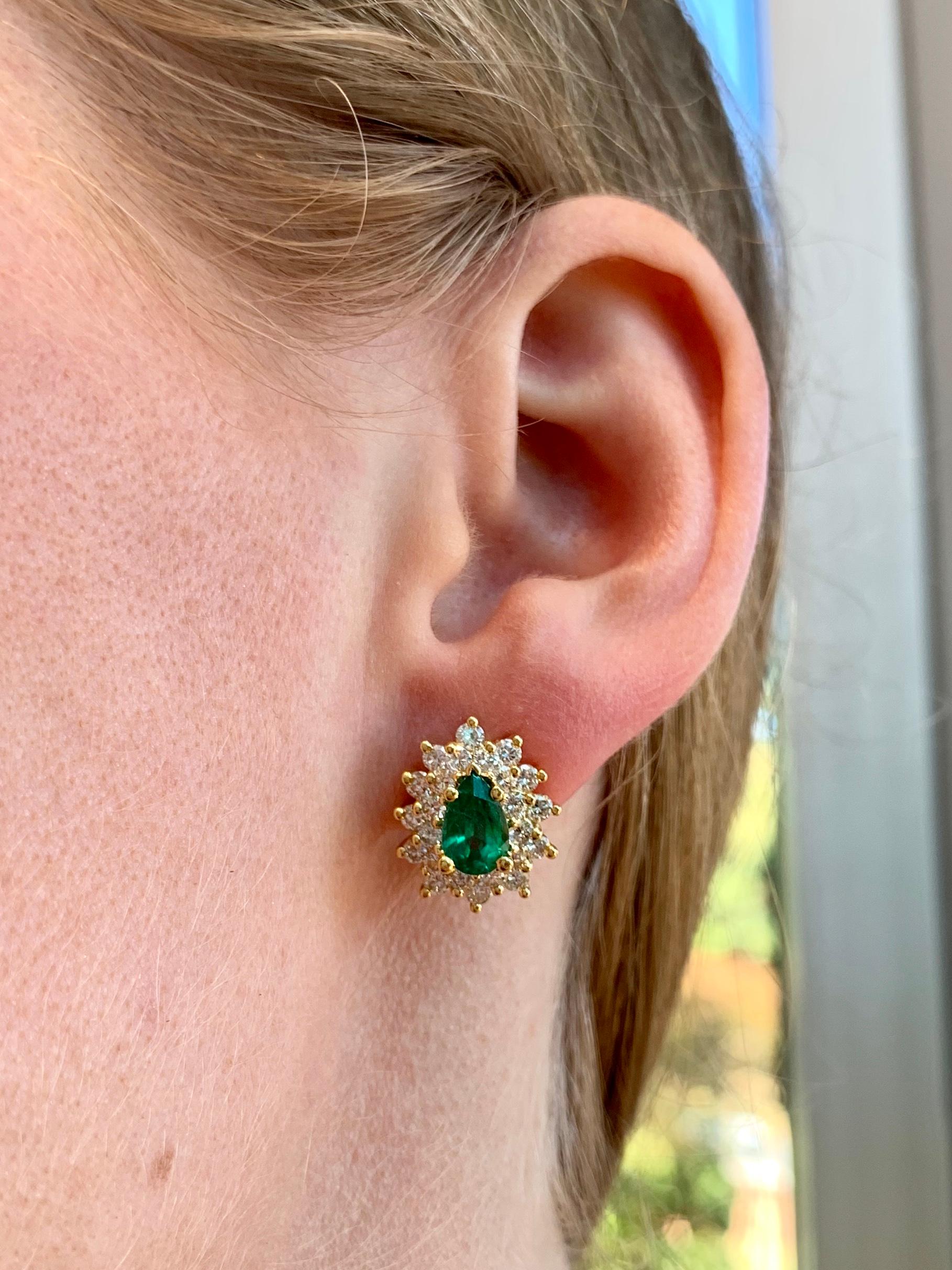 Pear Cut 18 Karat Emerald and Diamond Pear Shape Earrings For Sale