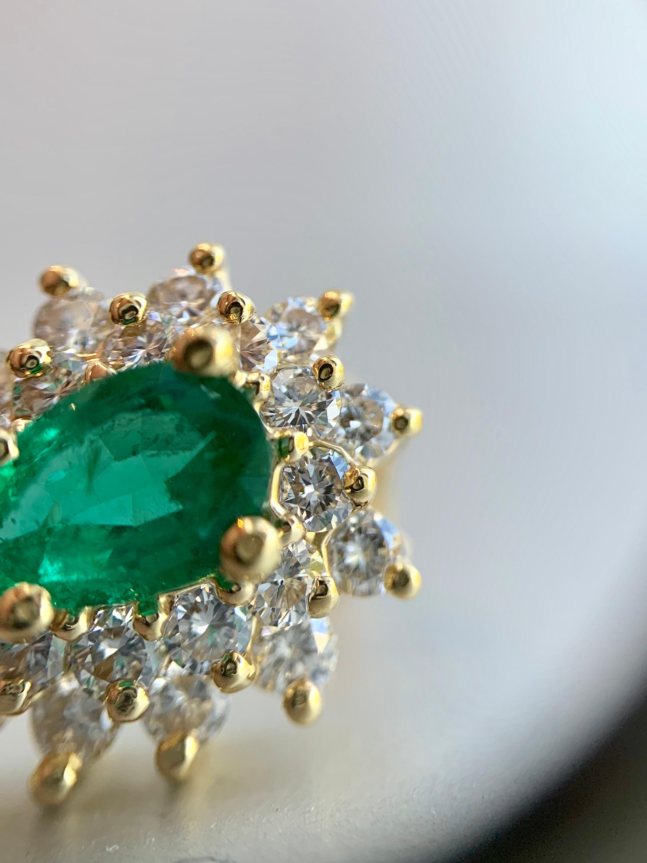 Women's 18 Karat Emerald and Diamond Pear Shape Earrings For Sale