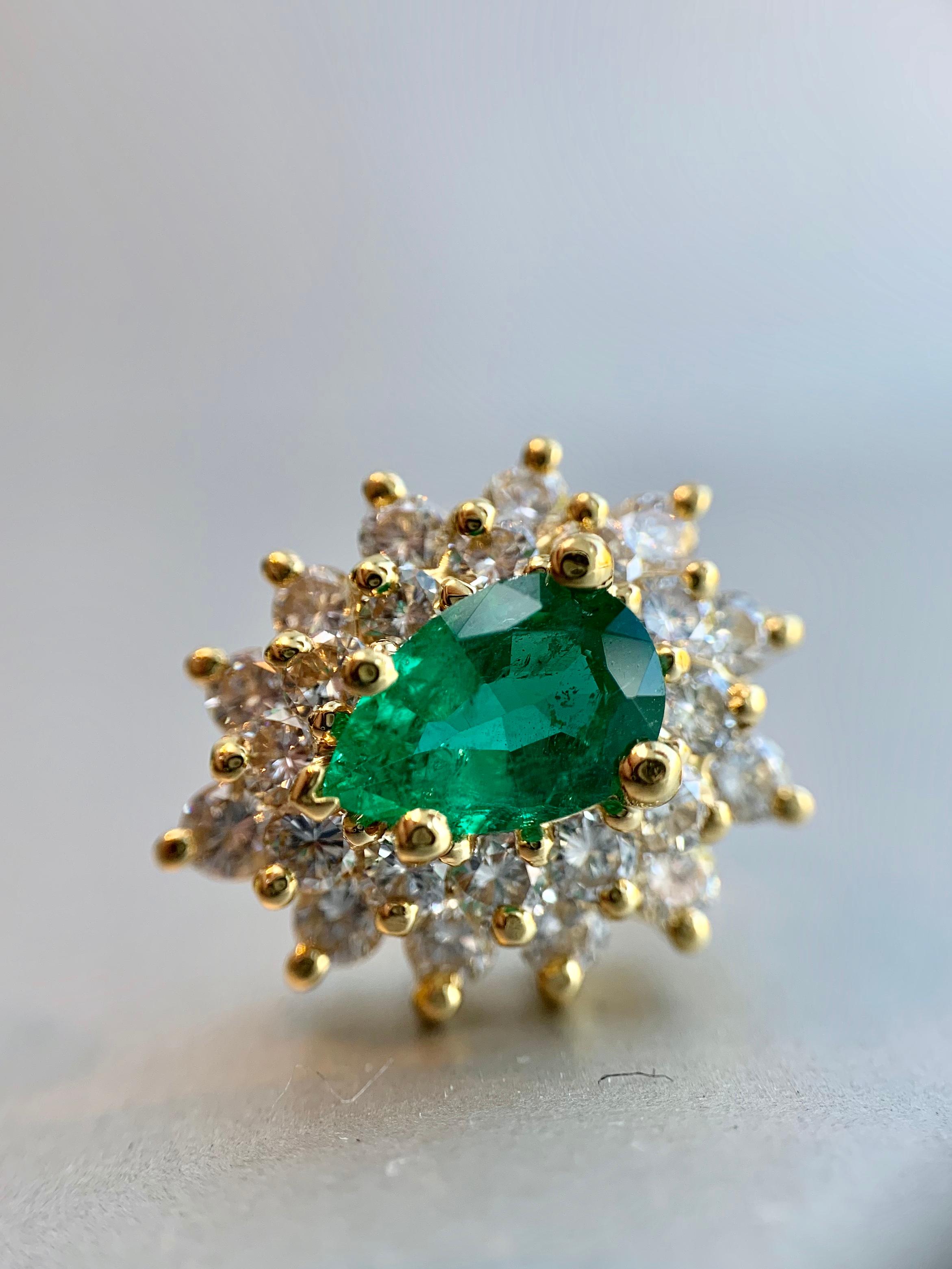 18 Karat Emerald and Diamond Pear Shape Earrings For Sale 2