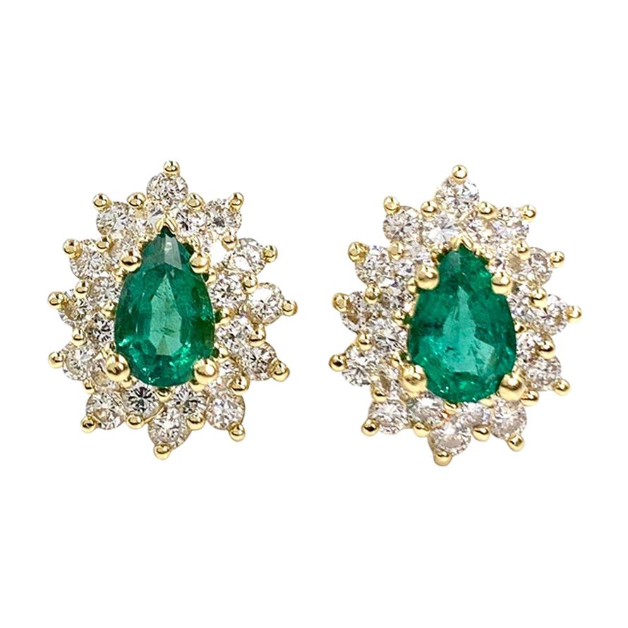 18 Karat Emerald and Diamond Pear Shape Earrings For Sale