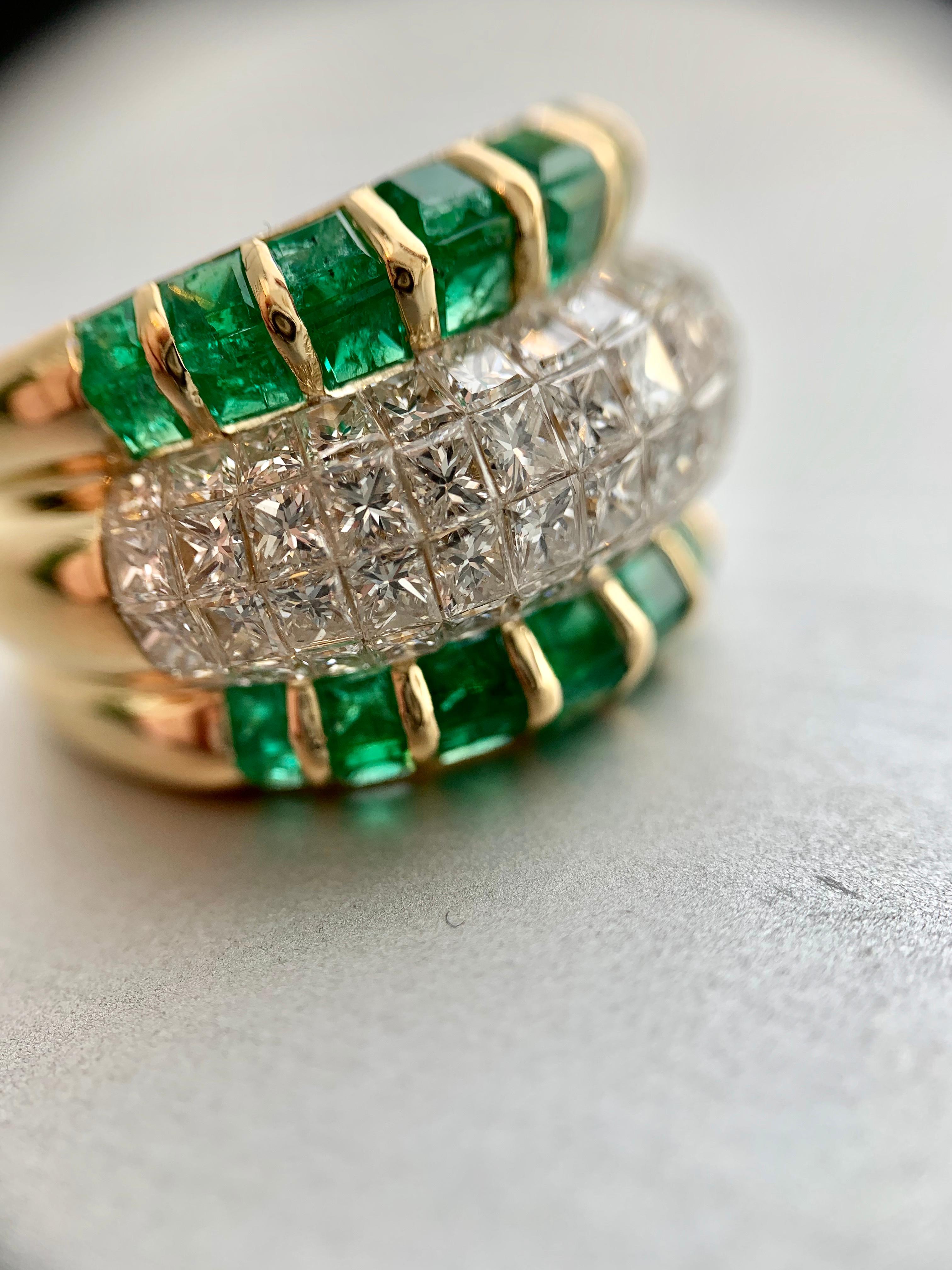 18 Karat Emerald and Diamond Wide Ring For Sale 7