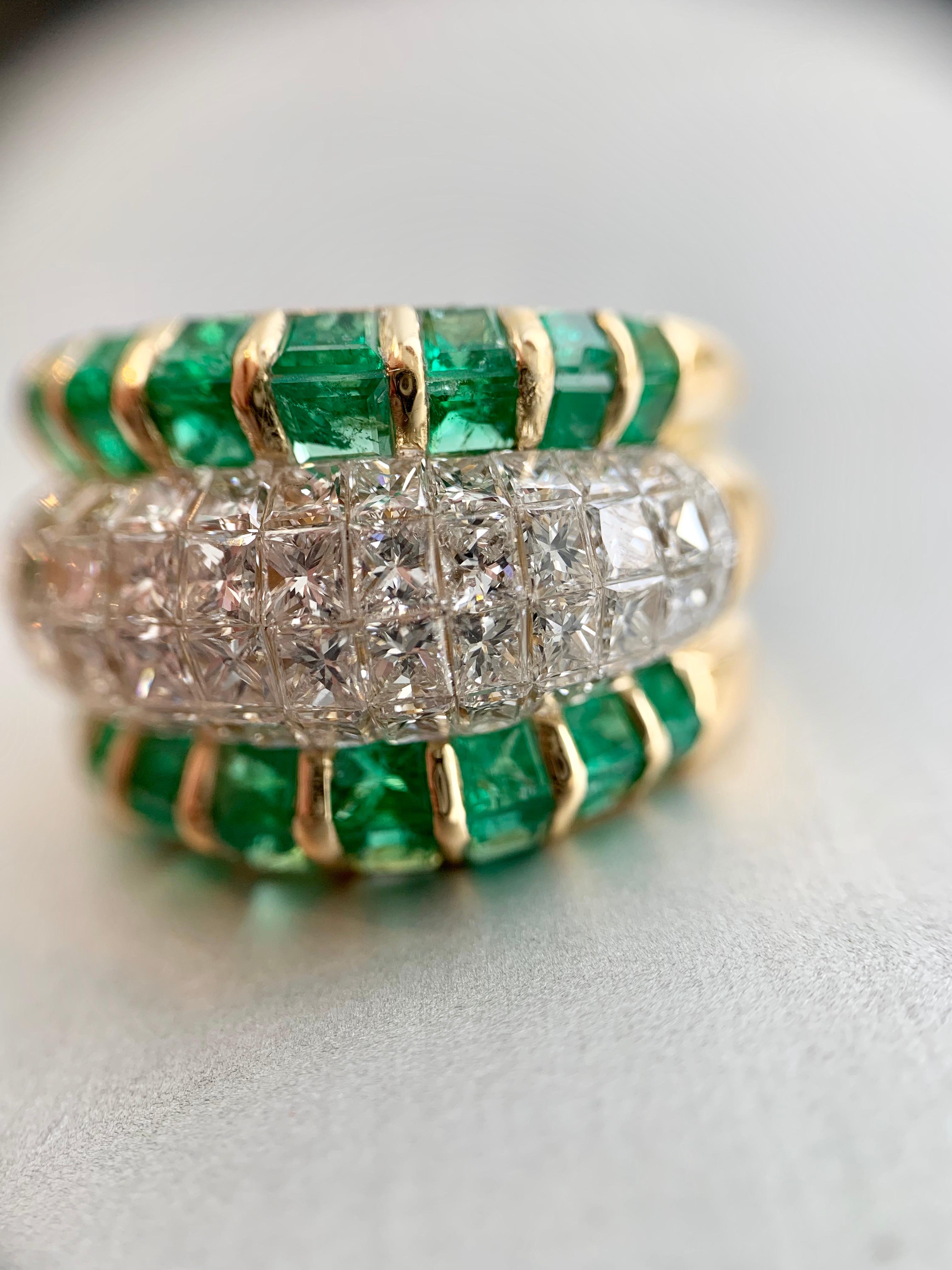 18 Karat Emerald and Diamond Wide Ring For Sale 10