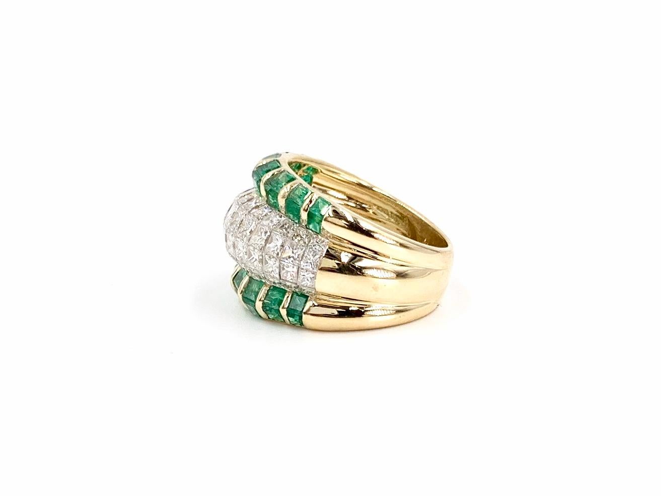 18 Karat Emerald and Diamond Wide Ring For Sale 2