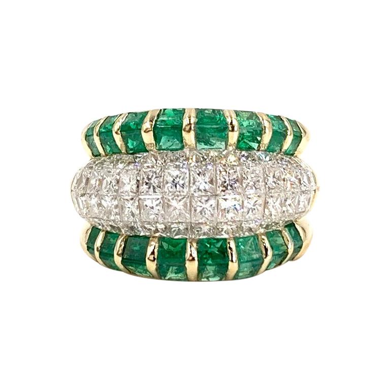 18 Karat Emerald and Diamond Wide Ring For Sale