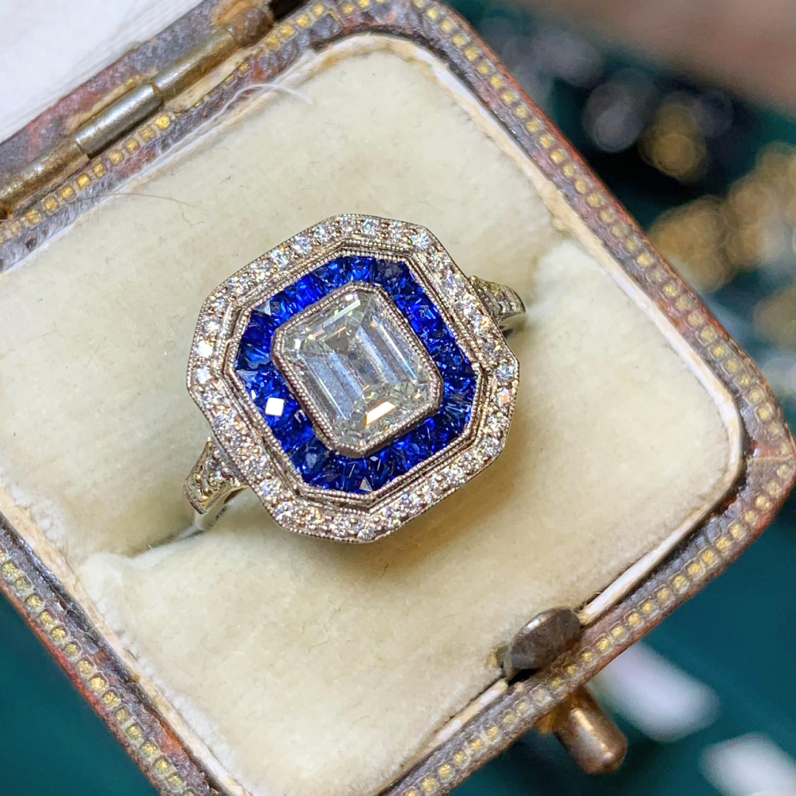 18 Karat Emerald Cut Diamond and Sapphire & Diamond Art Deco Cluster Ring 6