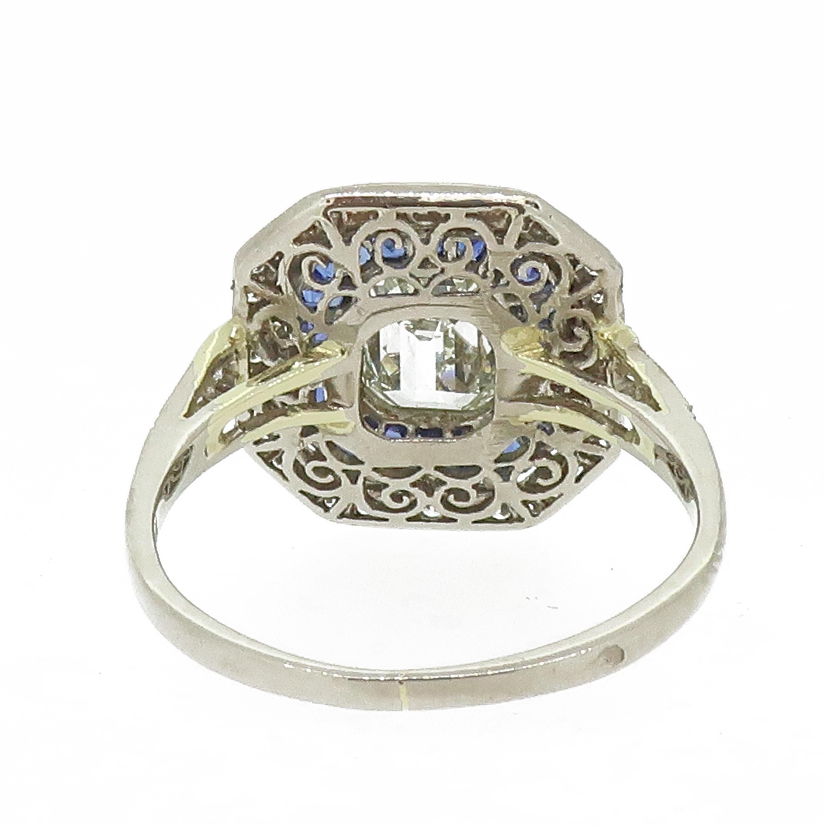18 Karat Emerald Cut Diamond and Sapphire & Diamond Art Deco Cluster Ring In Good Condition In East Grinstead, GB