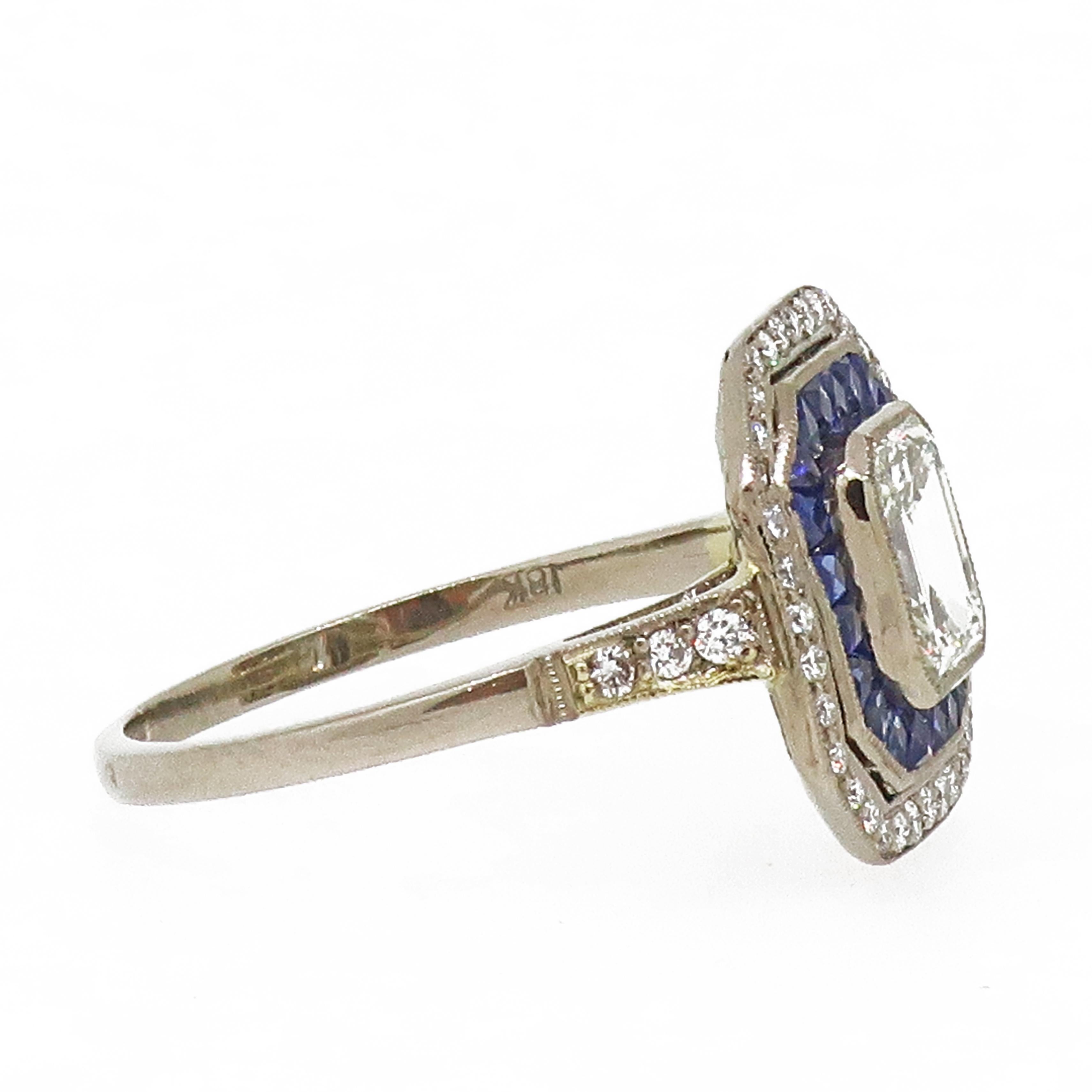 Women's 18 Karat Emerald Cut Diamond and Sapphire & Diamond Art Deco Cluster Ring