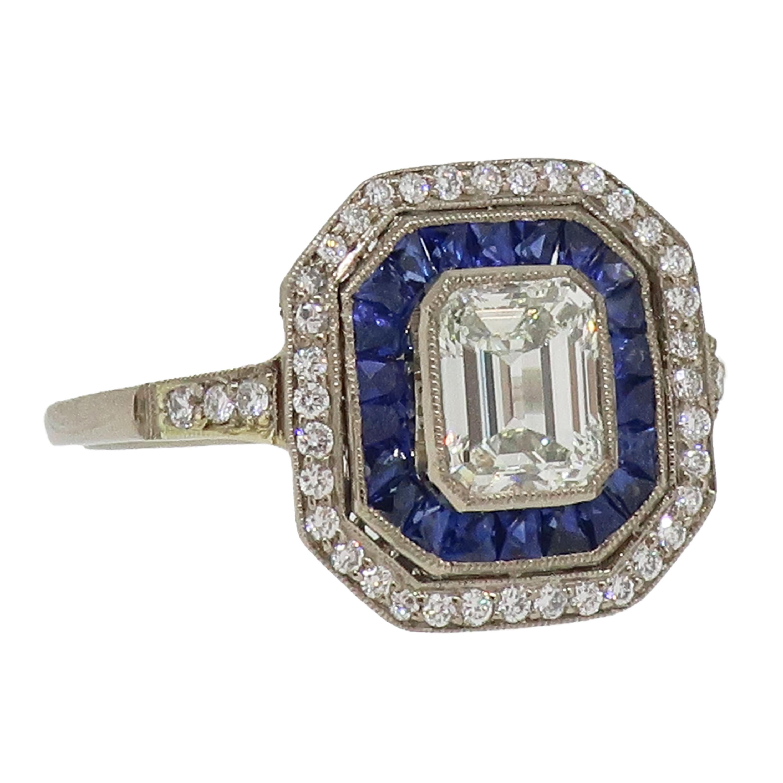 18 Karat Emerald Cut Diamond and Sapphire & Diamond Art Deco Cluster Ring 1