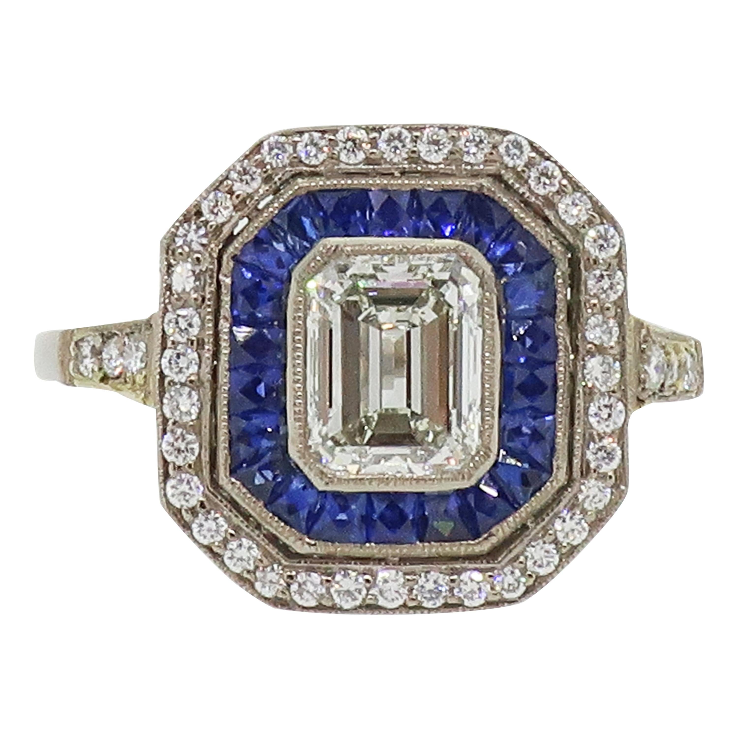 18 Karat Emerald Cut Diamond and Sapphire & Diamond Art Deco Cluster Ring