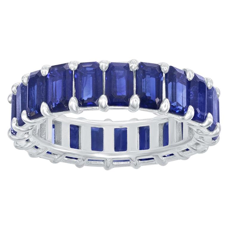 14 Karat Emerald Cut Sapphire Eternity Ring 6.25 Ct. For Sale