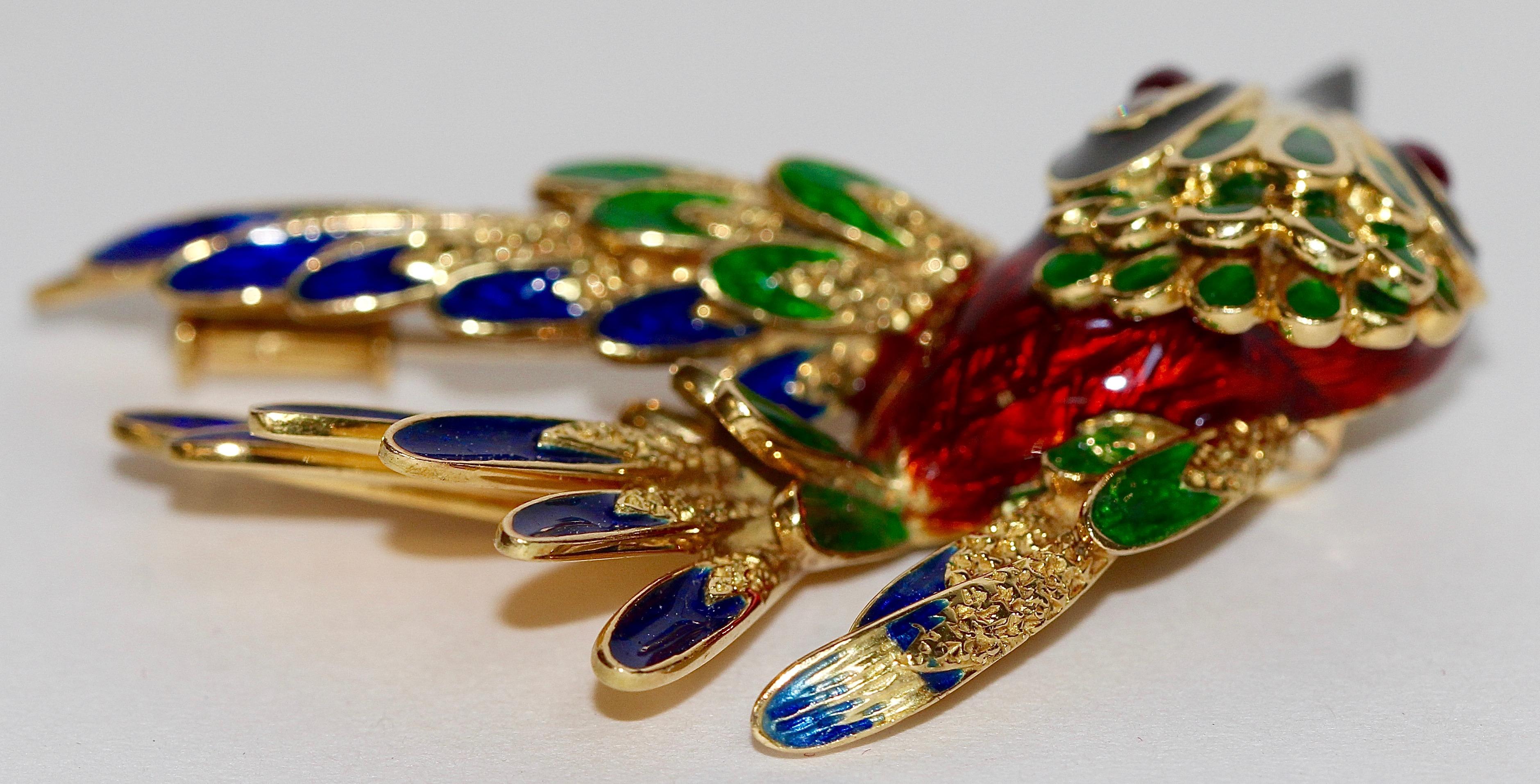 Women's 18 Karat Enamel Bird Gold Brooch Set with Rubies and Diamonds, Parrot