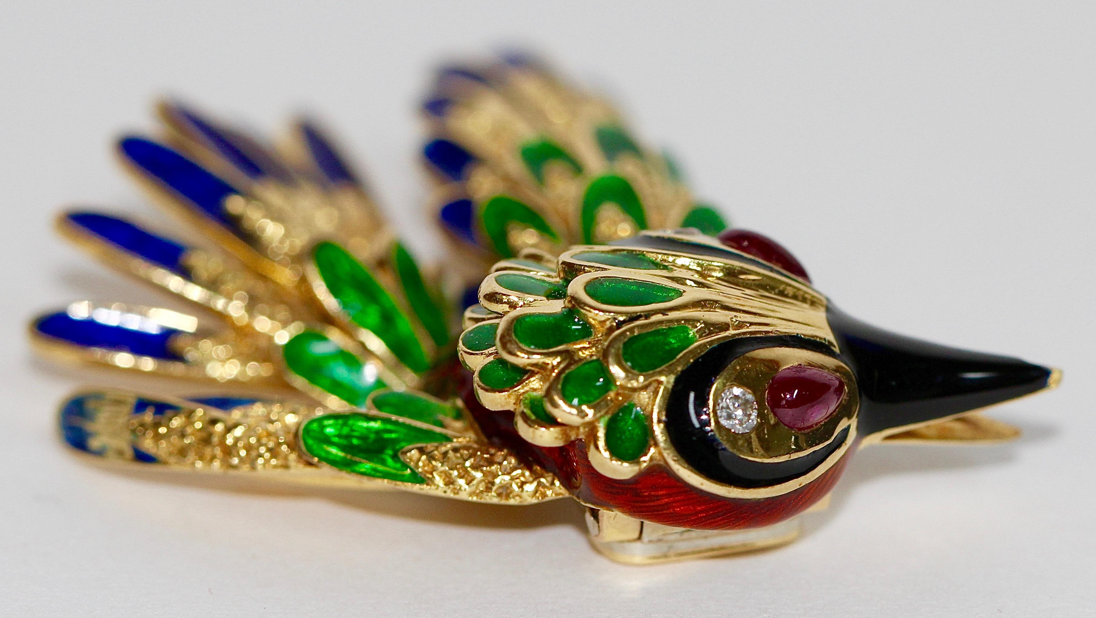 18 Karat Enamel Bird Gold Brooch Set with Rubies and Diamonds, Parrot 1