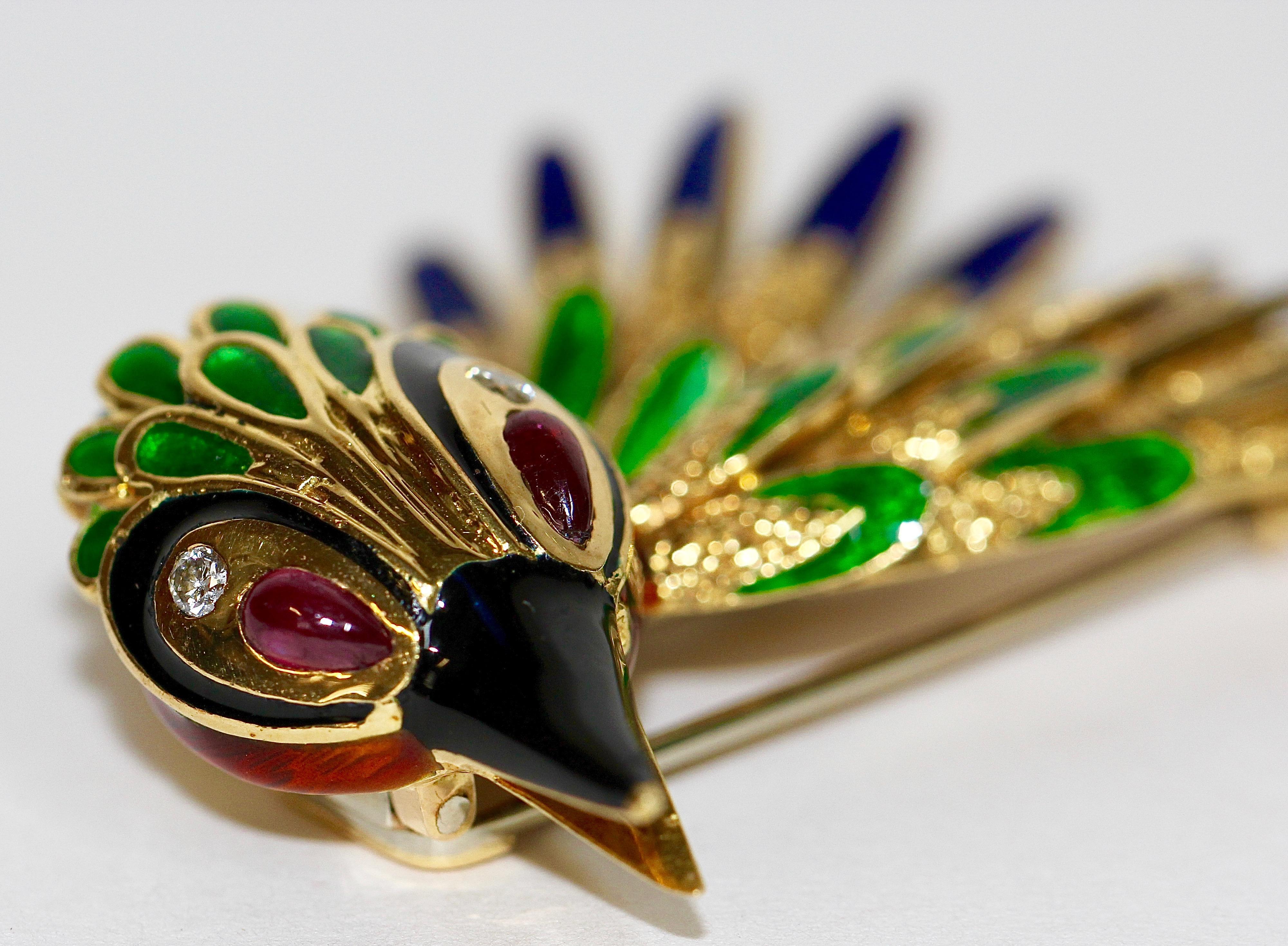 18 Karat Enamel Bird Gold Brooch Set with Rubies and Diamonds, Parrot 2