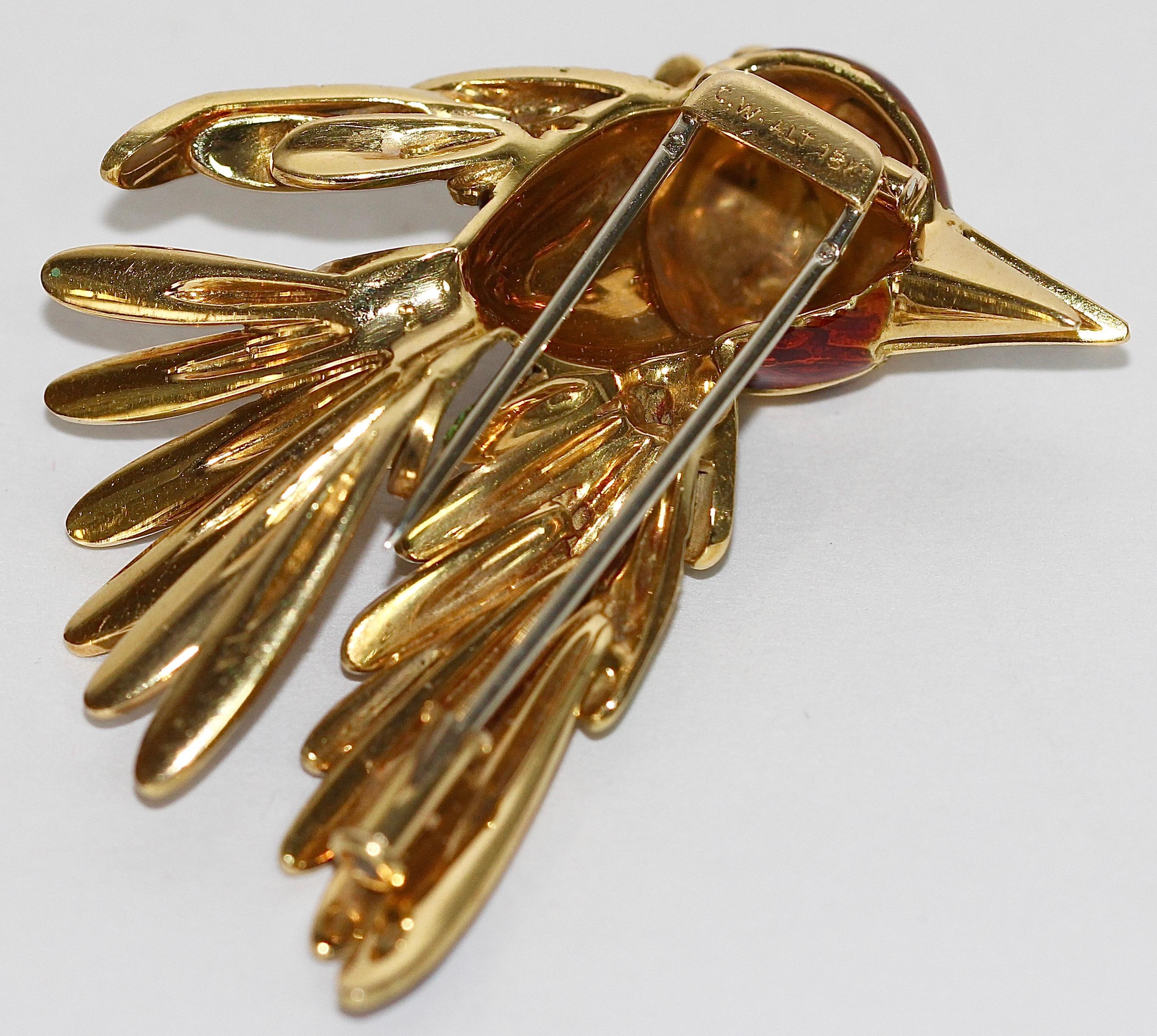 18 Karat Enamel Bird Gold Brooch Set with Rubies and Diamonds, Parrot 3