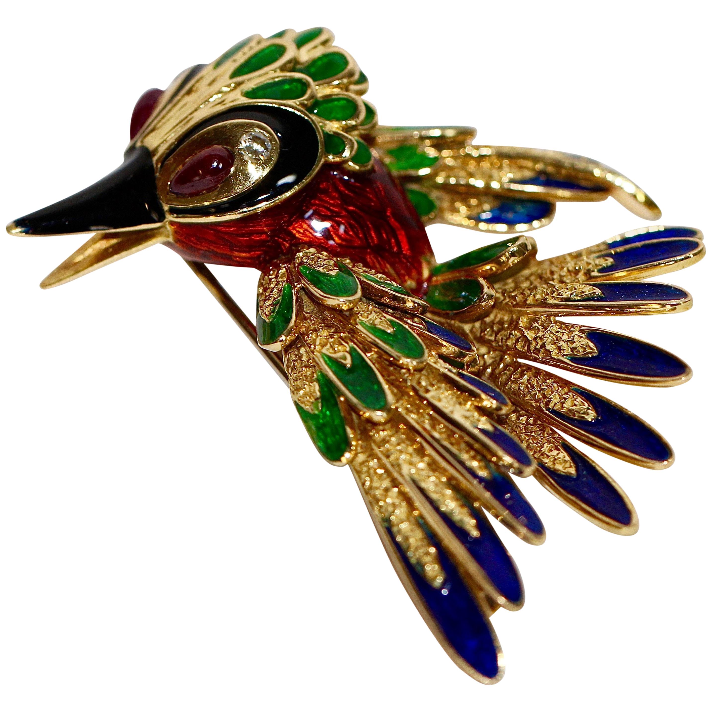 18 Karat Enamel Bird Gold Brooch Set with Rubies and Diamonds, Parrot