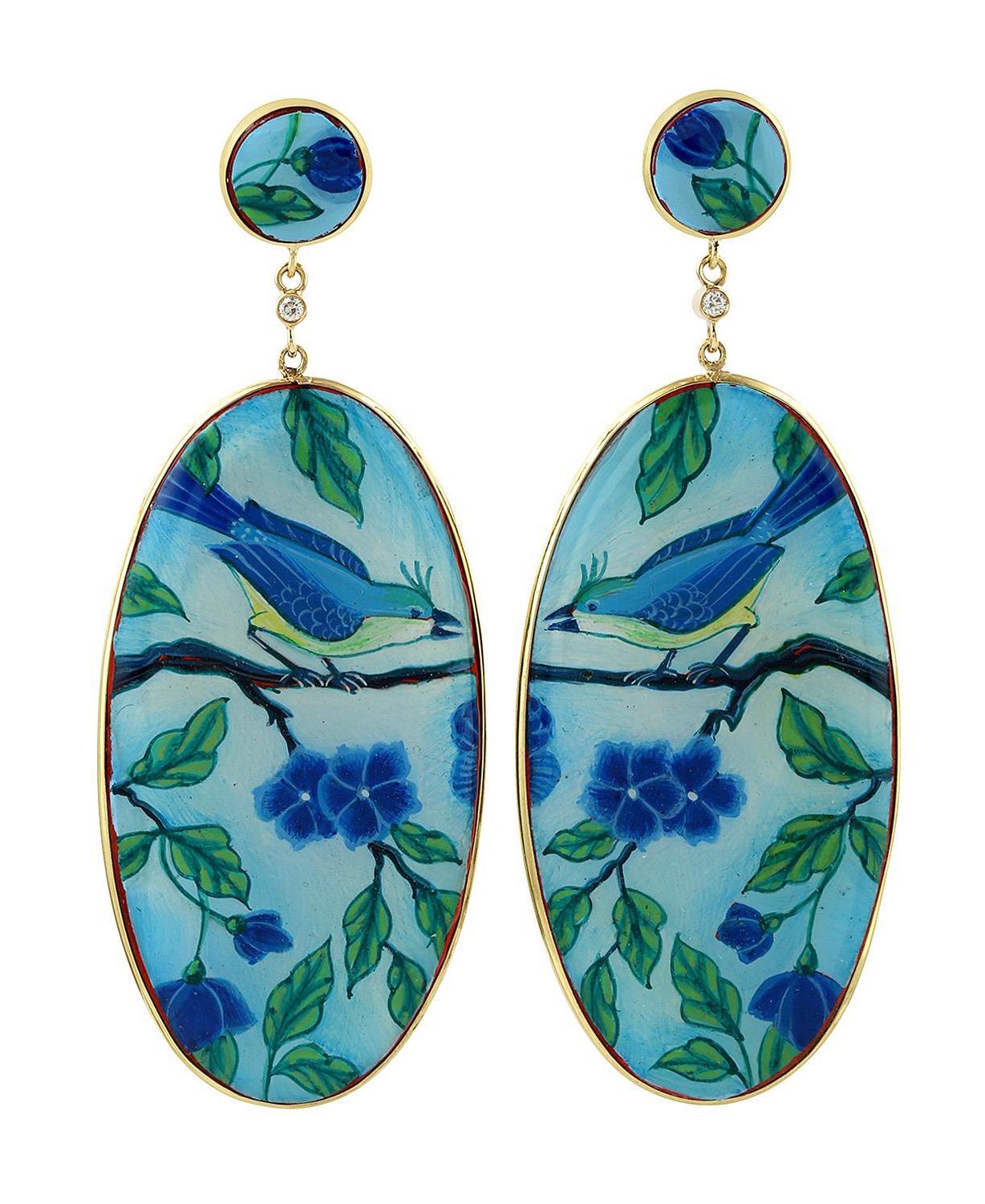 Artisan 14 Karat Enamel Hand Painted Blue Jay Bird Diamond Earrings For Sale