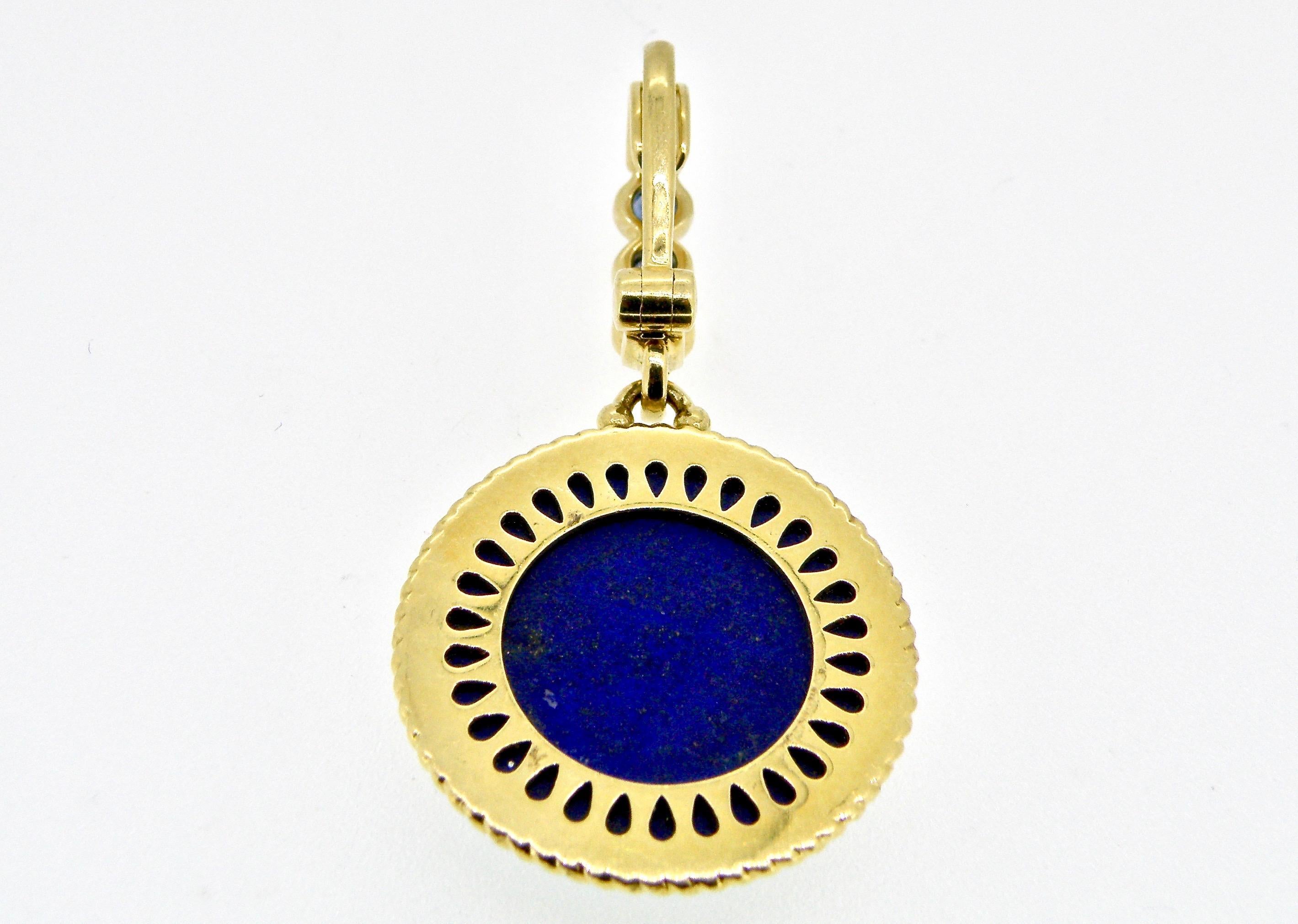 Contemporary 18 Karat Engraved Lapis Lazuli and Sapphire Pendant For Sale