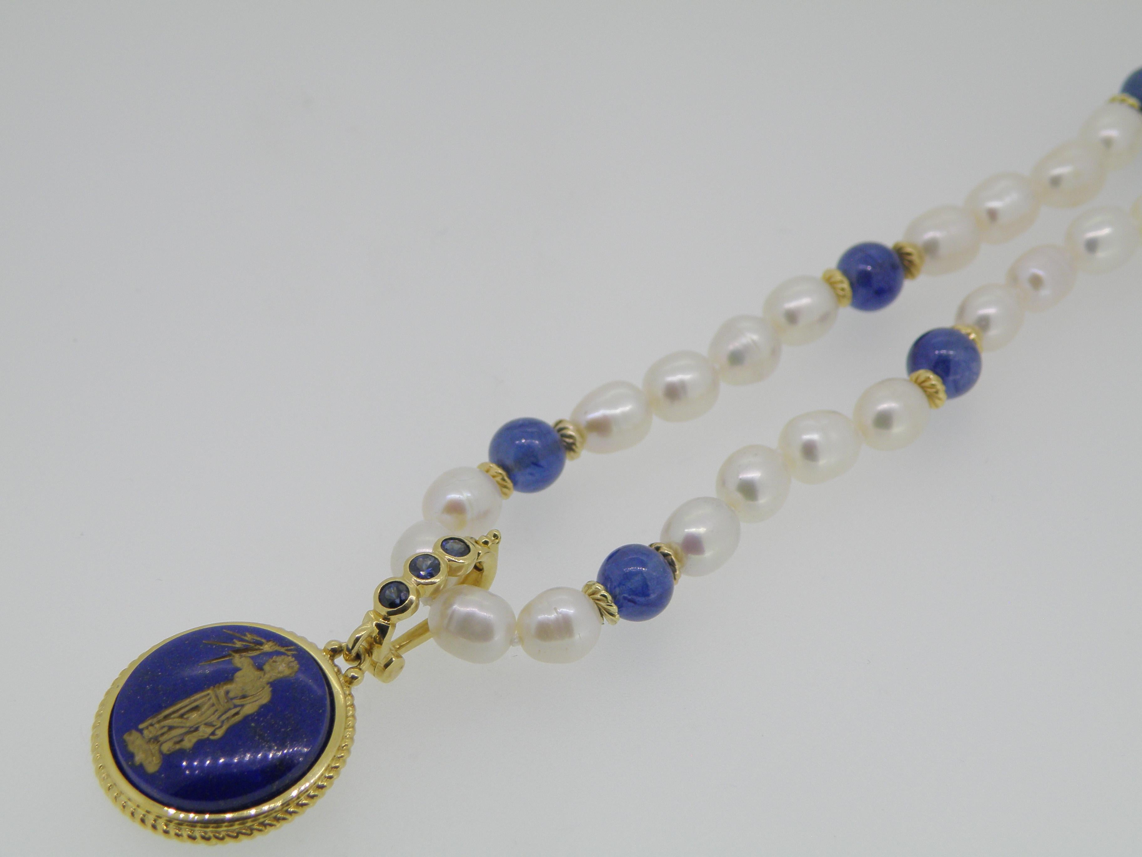 18 Karat Engraved Lapis Lazuli and Sapphire Pendant In New Condition For Sale In Cohasset, MA
