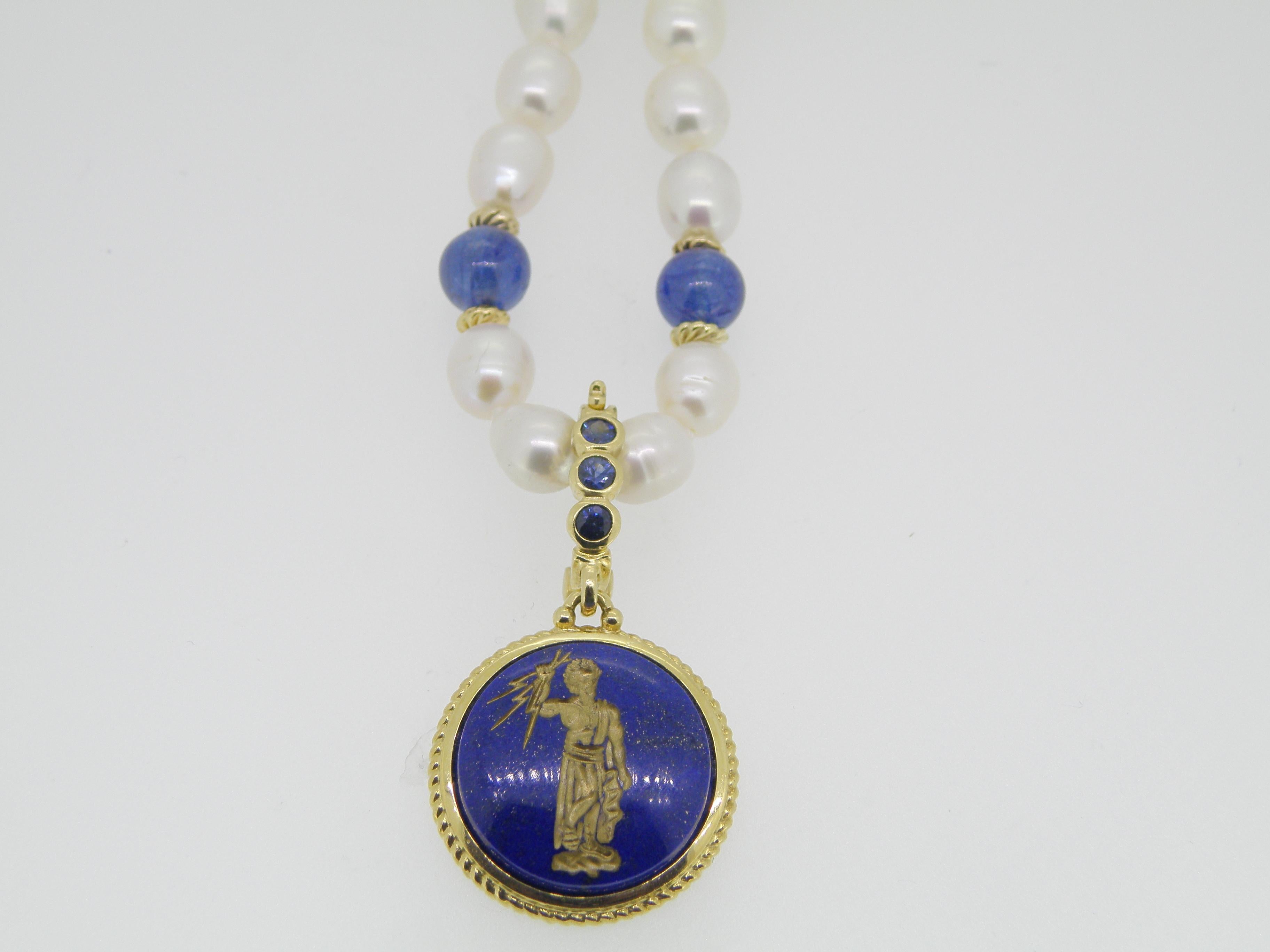 Women's or Men's 18 Karat Engraved Lapis Lazuli and Sapphire Pendant For Sale