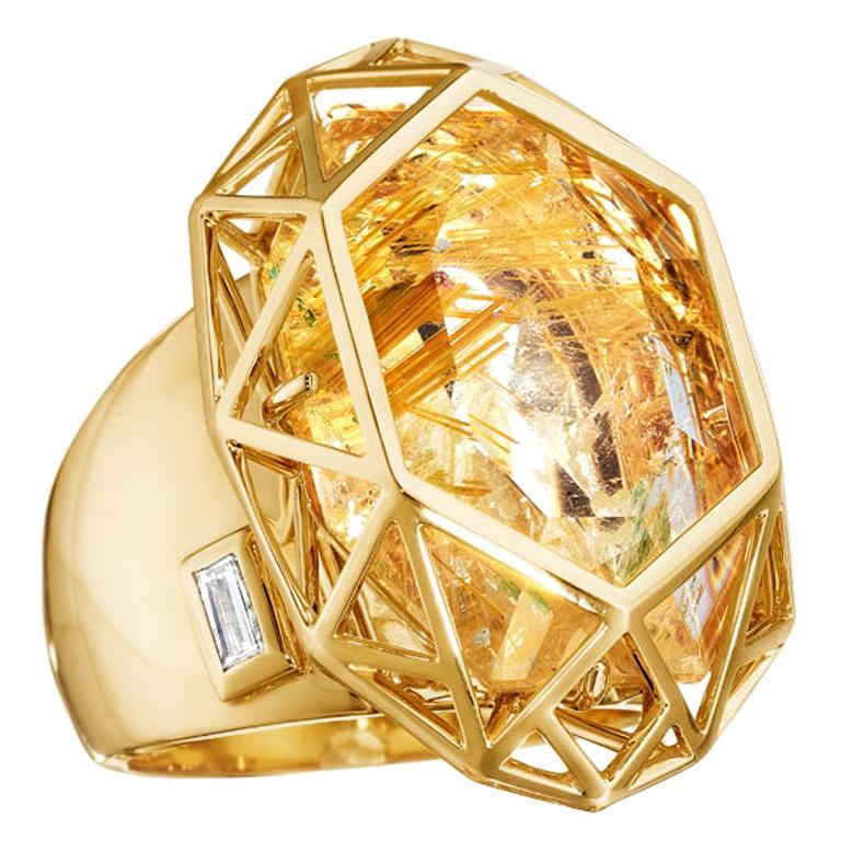 18 Karat Estelar Yellow Gold Ring with Vs Gh Diamonds and Rutilated Quartz