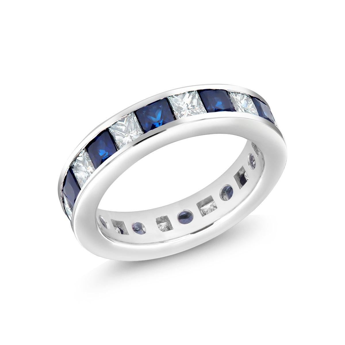 18 Karat Eternity Gold Band Princess Blue Sapphire Princess Diamond 4.80 Carat 6