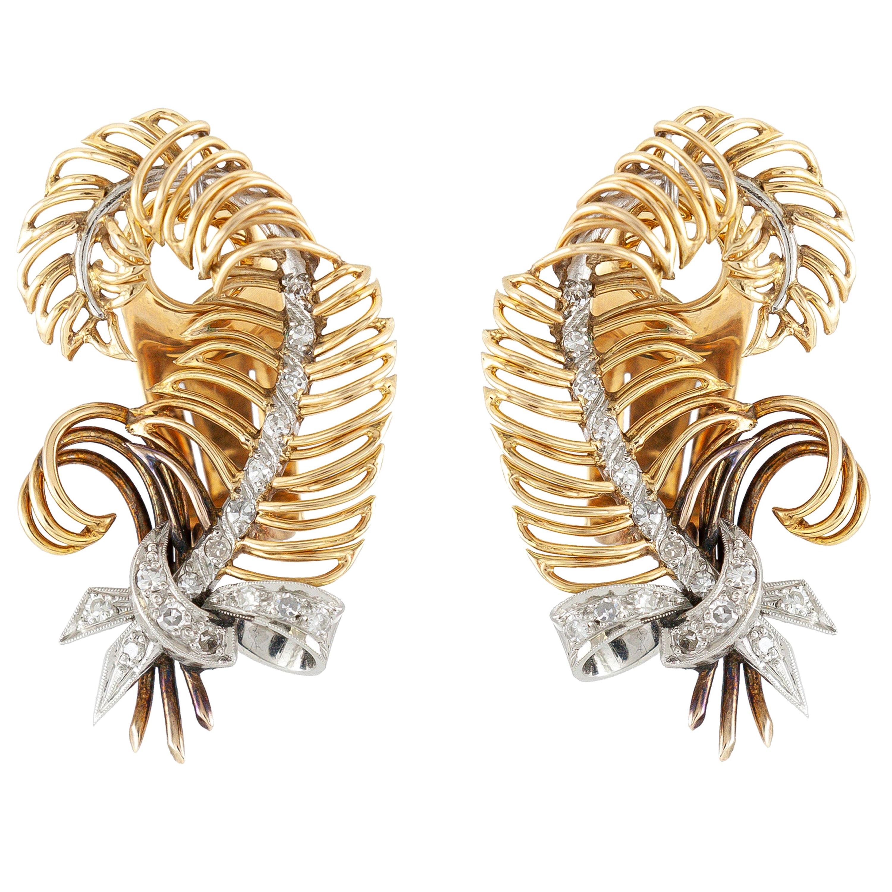 18 Karat Feather Shape Diamond Gold Clip-On Earrings For Sale