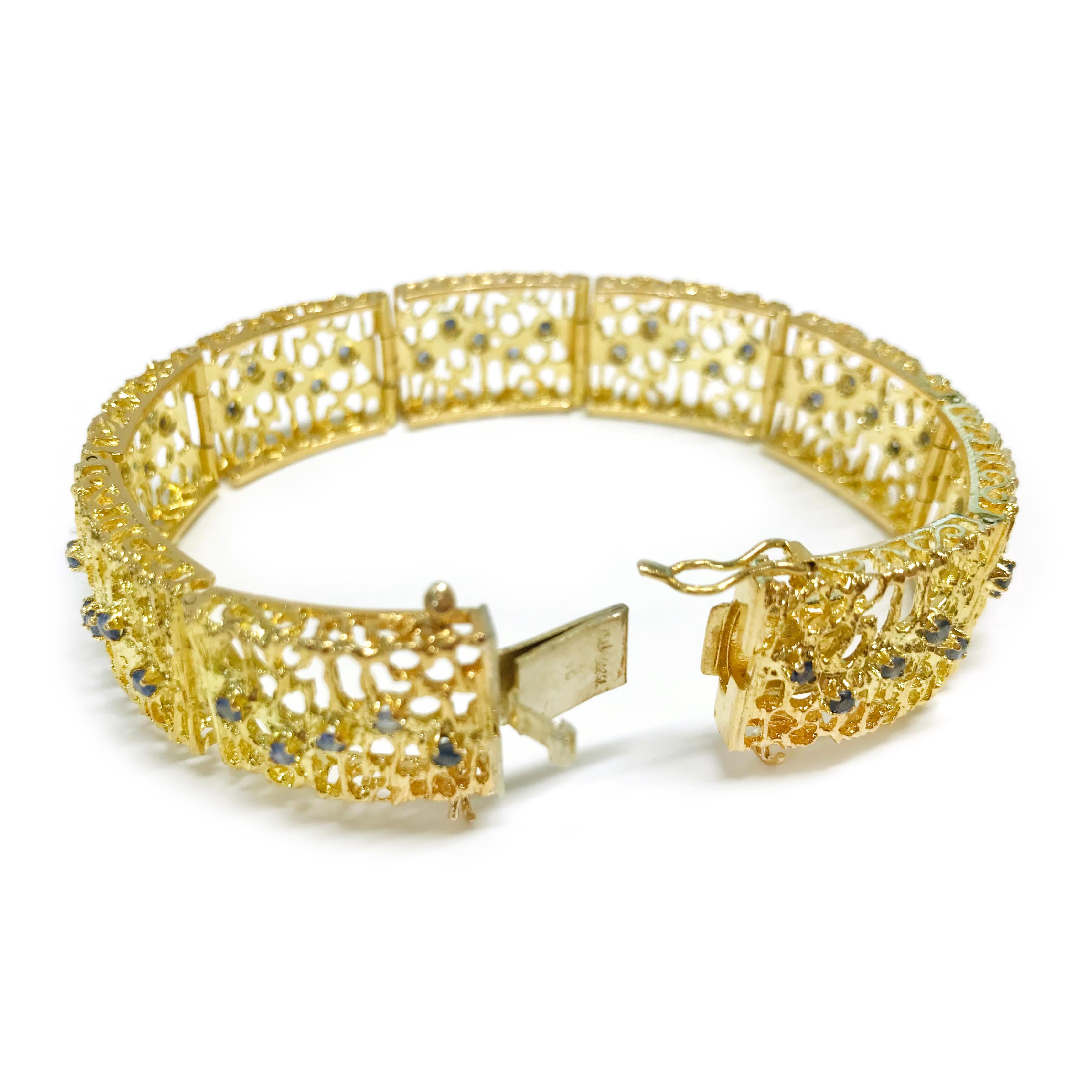 Round Cut Yellow Gold Filigree Sapphire Bracelet
