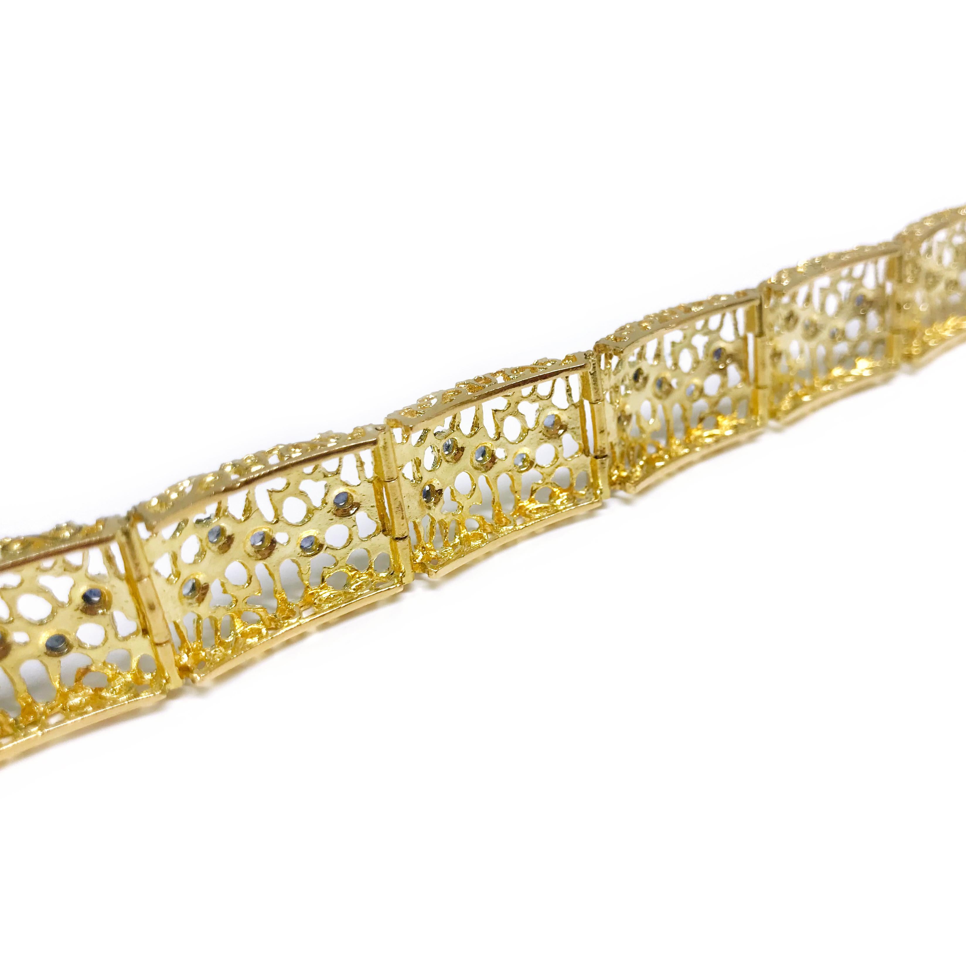 Yellow Gold Filigree Sapphire Bracelet In Good Condition In Palm Desert, CA