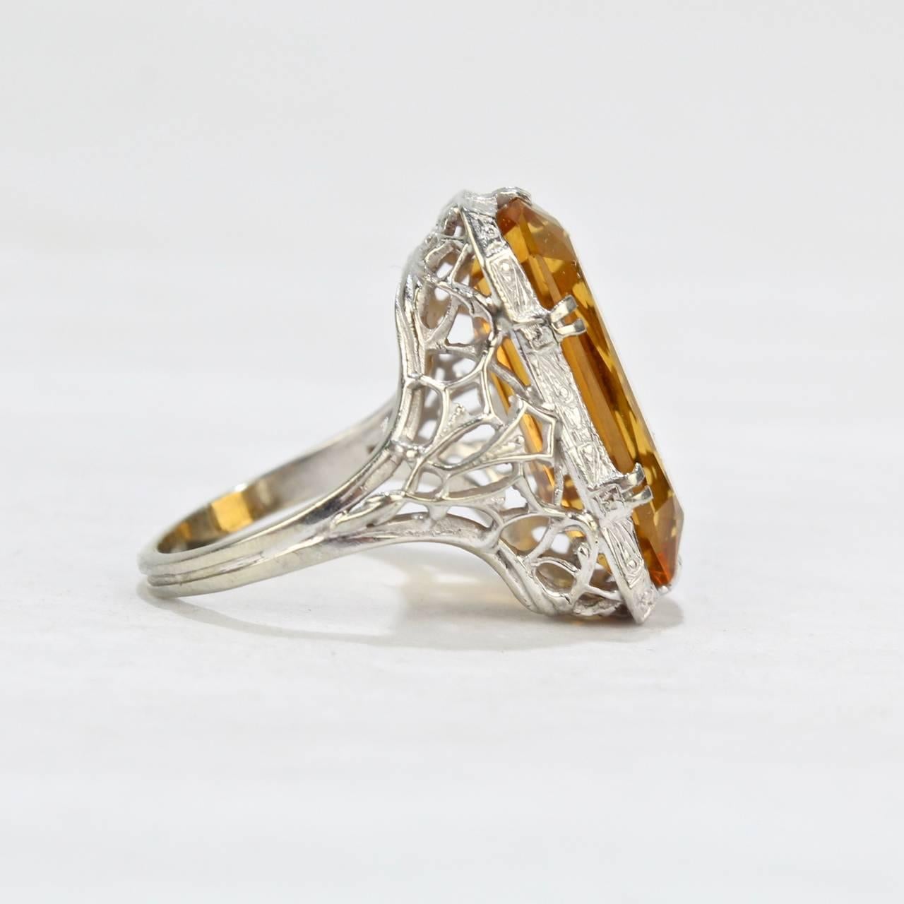 Art Deco 18 Karat Filigree White Gold and Emerald Cut Citrine Cocktail Ring