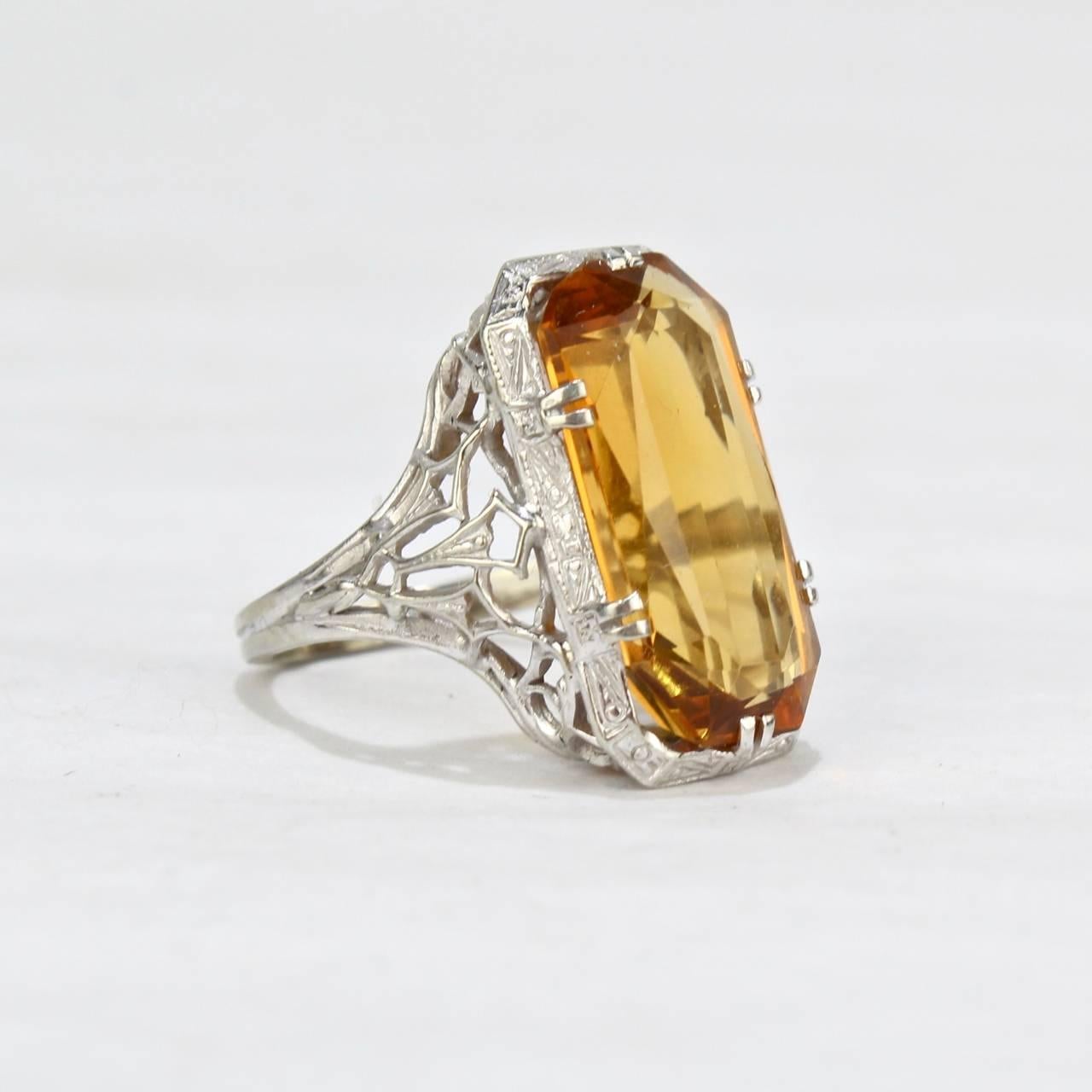 18 Karat Filigree White Gold and Emerald Cut Citrine Cocktail Ring In Good Condition In Philadelphia, PA