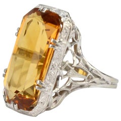18 Karat Filigree White Gold and Emerald Cut Citrine Cocktail Ring