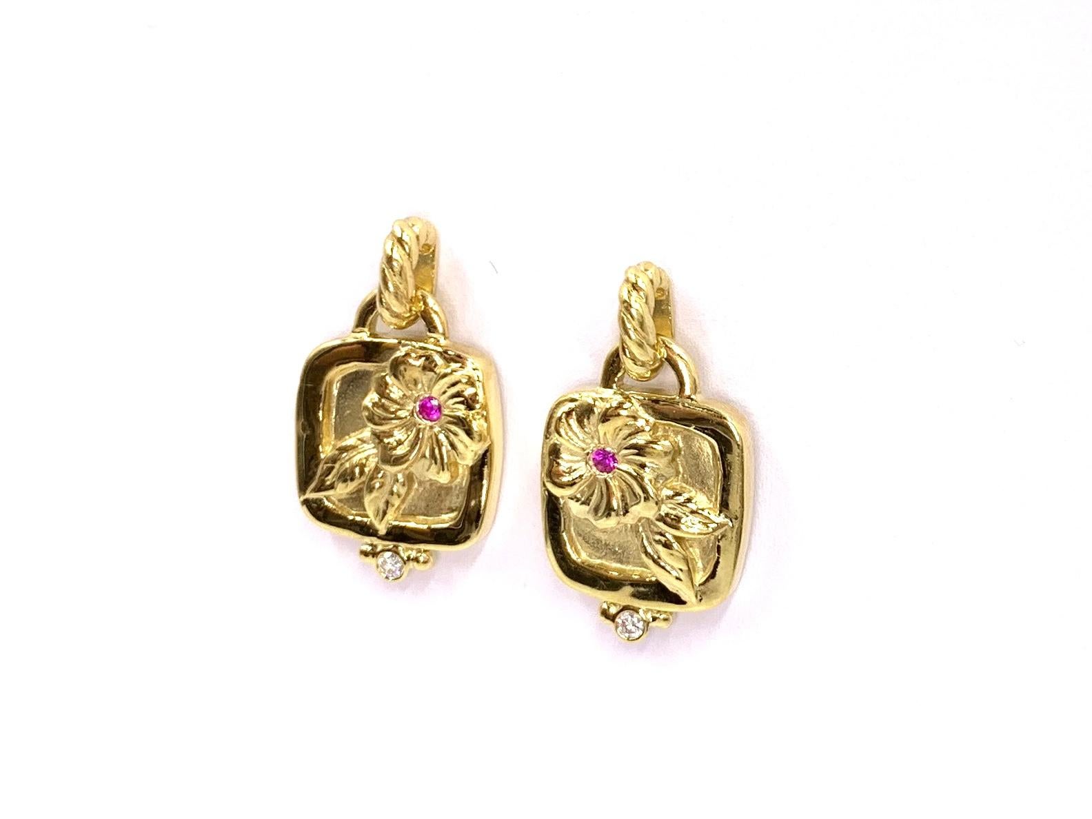 Round Cut 18 Karat Floral Earrings with Diamonds and Pink Sapphires For Sale