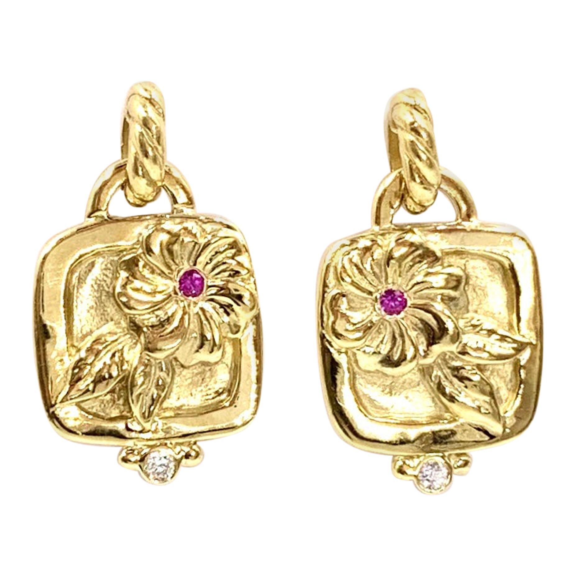 18 Karat Floral Earrings with Diamonds and Pink Sapphires For Sale