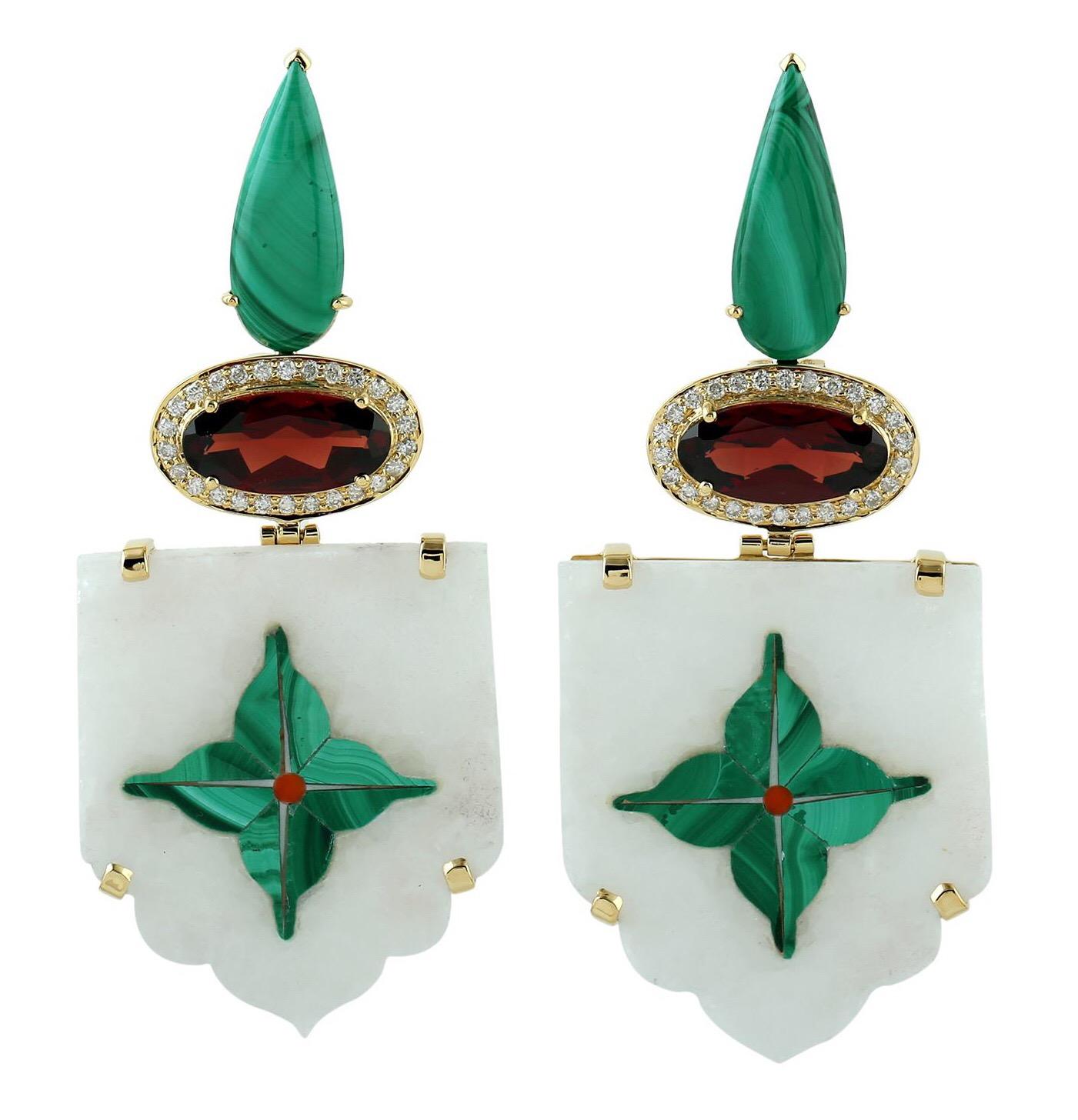 Mixed Cut Hand Painted Malachite Garnet 18 Karat Gold Diamond Earrings For Sale