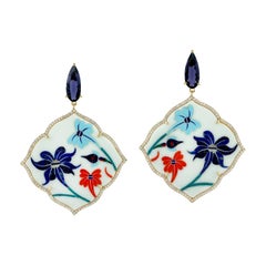 Enamel Mother of Pearl Iolite Diamond 18 Karat Gold Floral Earrings