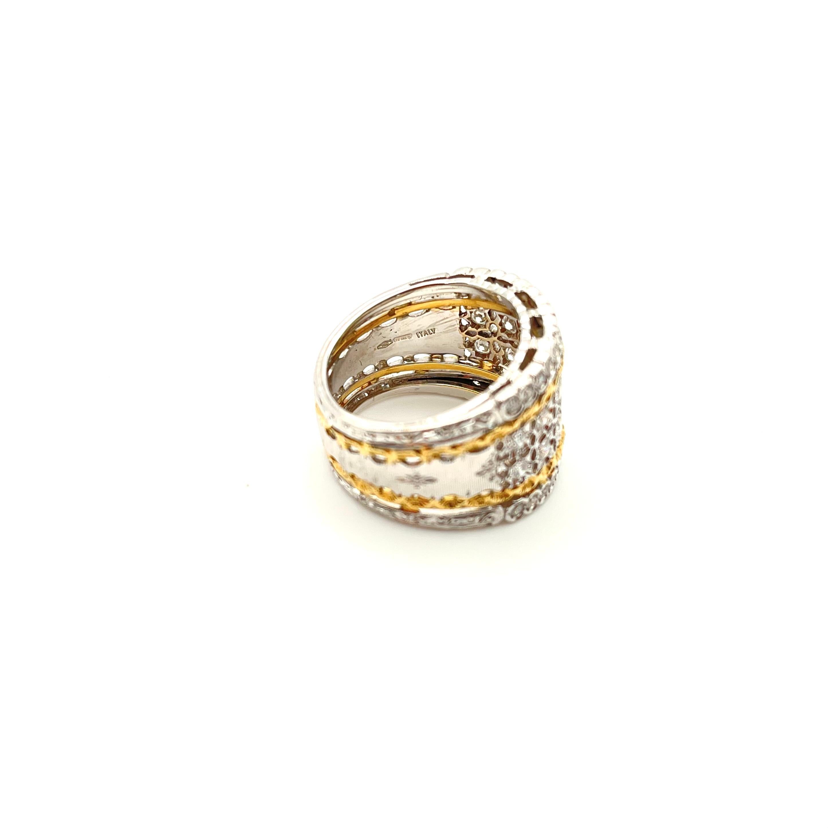 18 Karat Florentine Gravierter Diamant-Gitterring (Rundschliff)